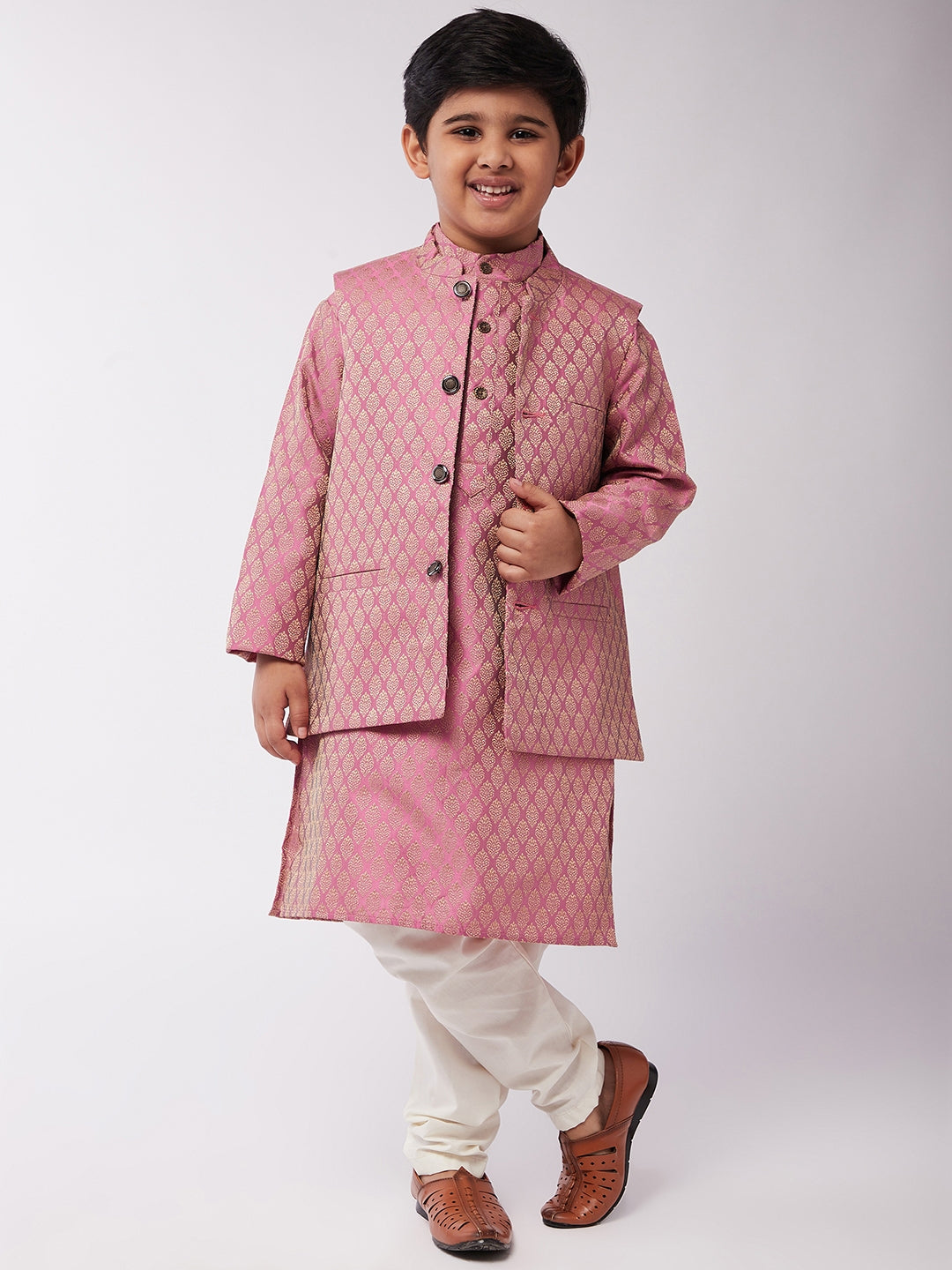 Kid's Jacquard Silk Pink Kurta & Pink Nehrujacket With Off-White Churidaar Pyjama Combo - Sojanya KID