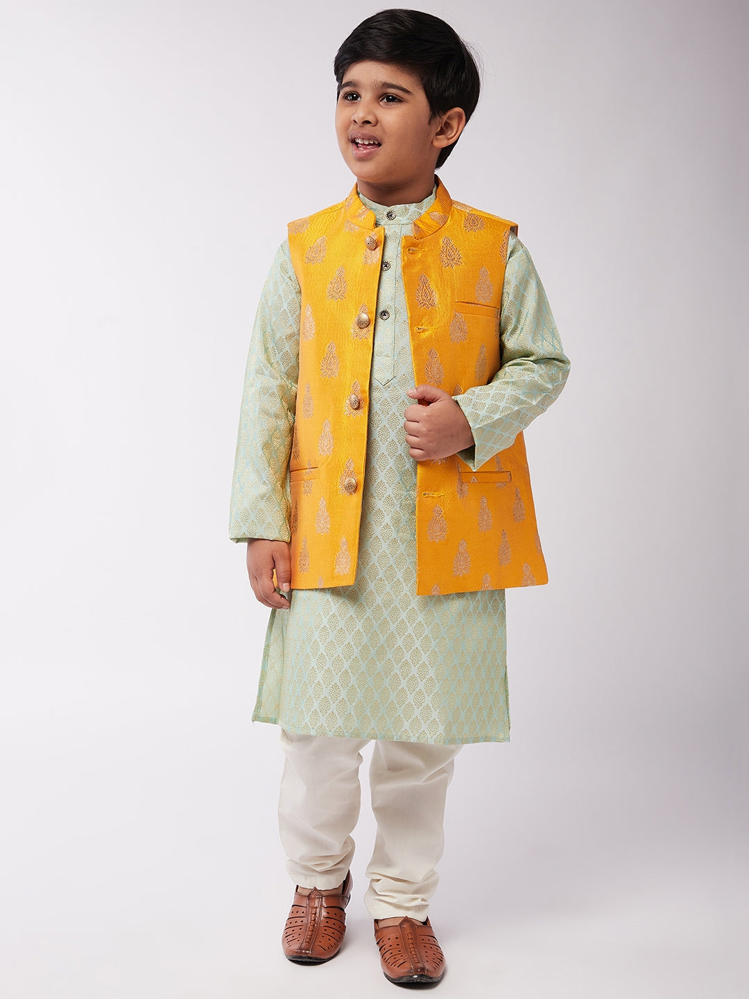 Kid's Jacquard Silk Pista Green Kurta & Mustard Nehrujacket With Off-White Churidaar Pyjama Combo - Sojanya KID