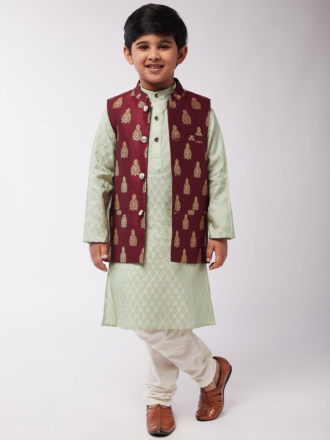 Kid's Jacquard Silk Pista Green Kurta & Maroon Nehrujacket With Off-White Churidaar Pyjama Combo - Sojanya KID