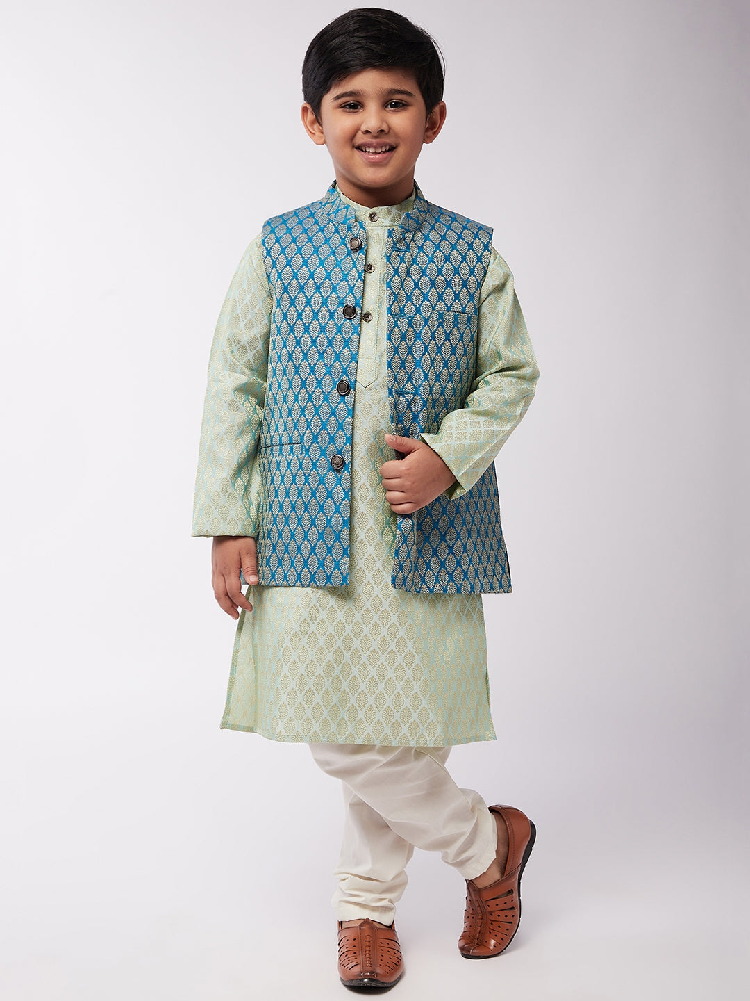 Kid's Jacquard Silk Pista Green Kurta & Peacock Blue Nehrujacket With Off-White Churidaar Pyjama - Sojanya KID