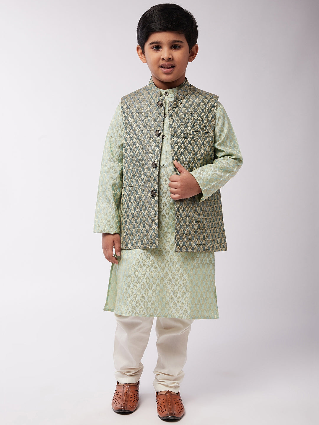 Kid's Jacquard Silk Pista Green Kurta & Tea Green Nehrujacket With Off-White Churidaar Pyjama Combo - Sojanya KID