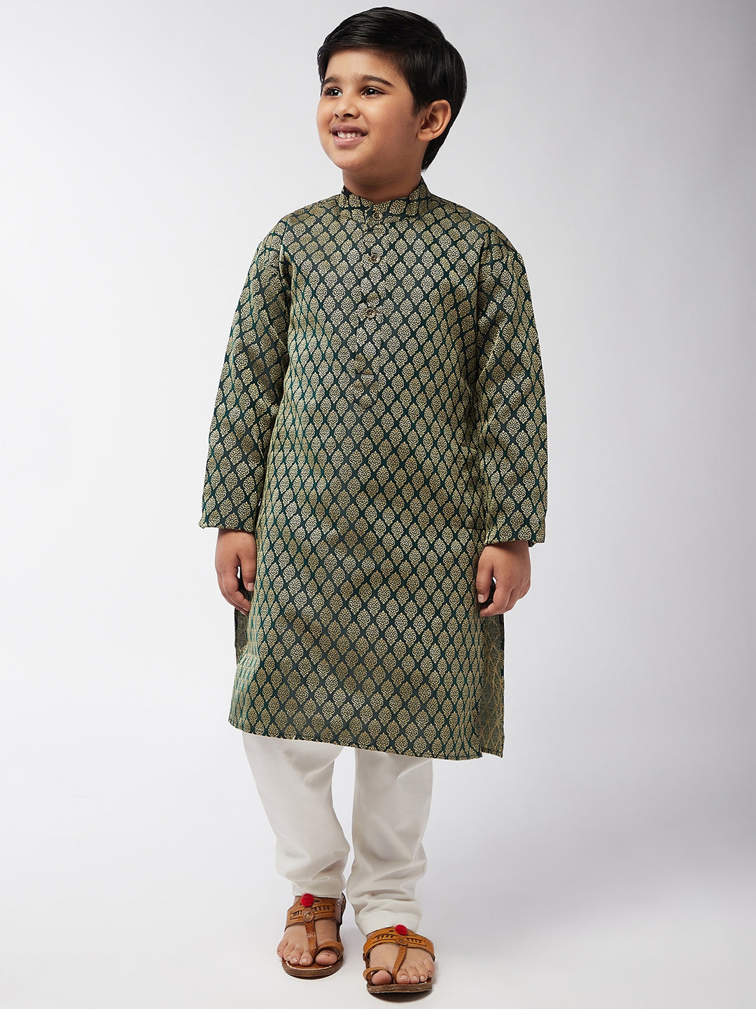 Kid's Jacquard Silk Dark Green Self design Kurta & Off-White Churidar Pyjama Set - Sojanya KID