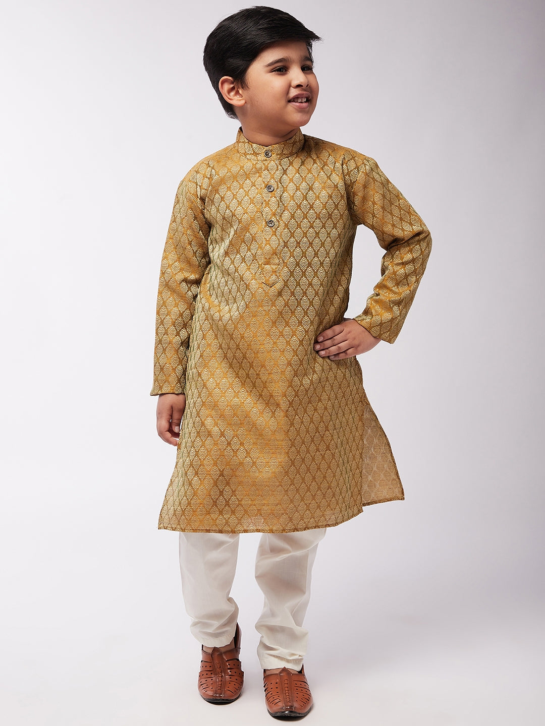 Kid's Jacquard Silk Mustard Self design Kurta & Off-White Churidar Pyjama Set - Sojanya KID