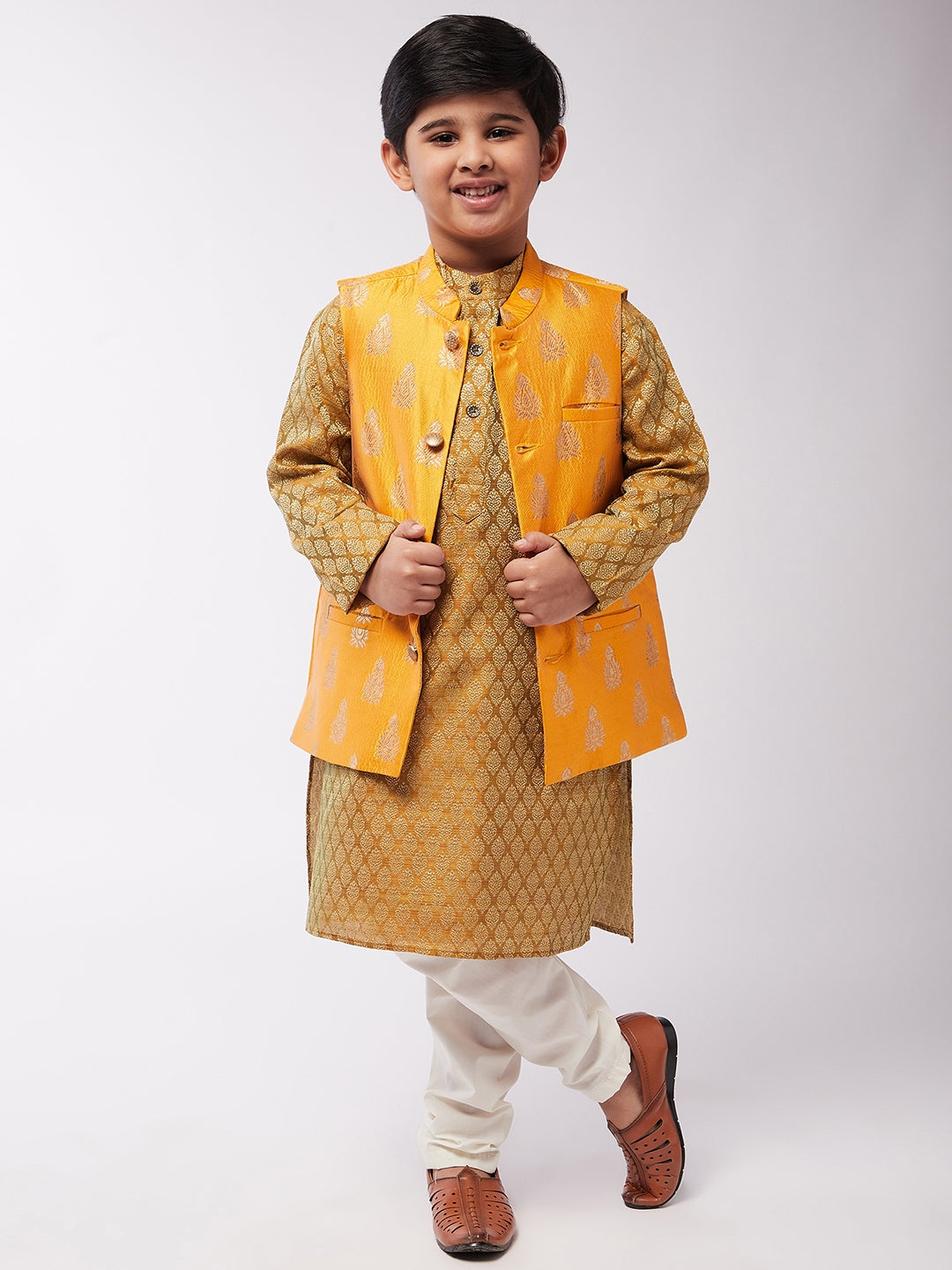 Kid's Jacquard Silk Mustard Kurta & Mustard Nehrujacket With Off-White Churidaar Pyjama Combo - Sojanya KID