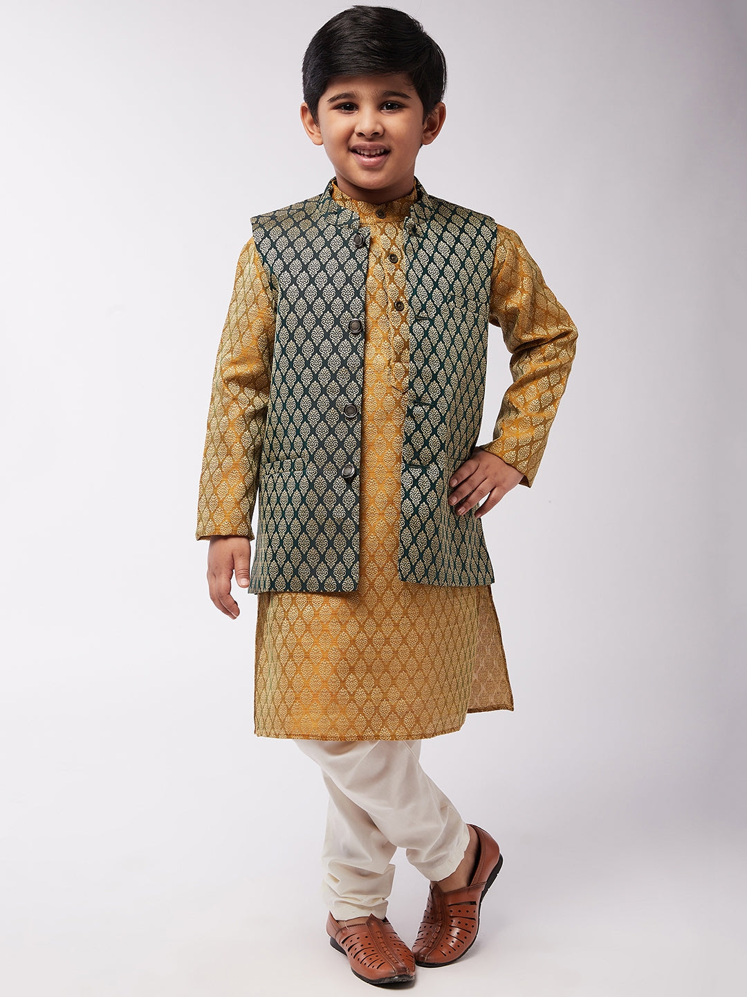 Kid's Jacquard Silk Mustard Kurta & Dark Green Nehrujacket With Off-White Churidaar Pyjama Combo - Sojanya KID