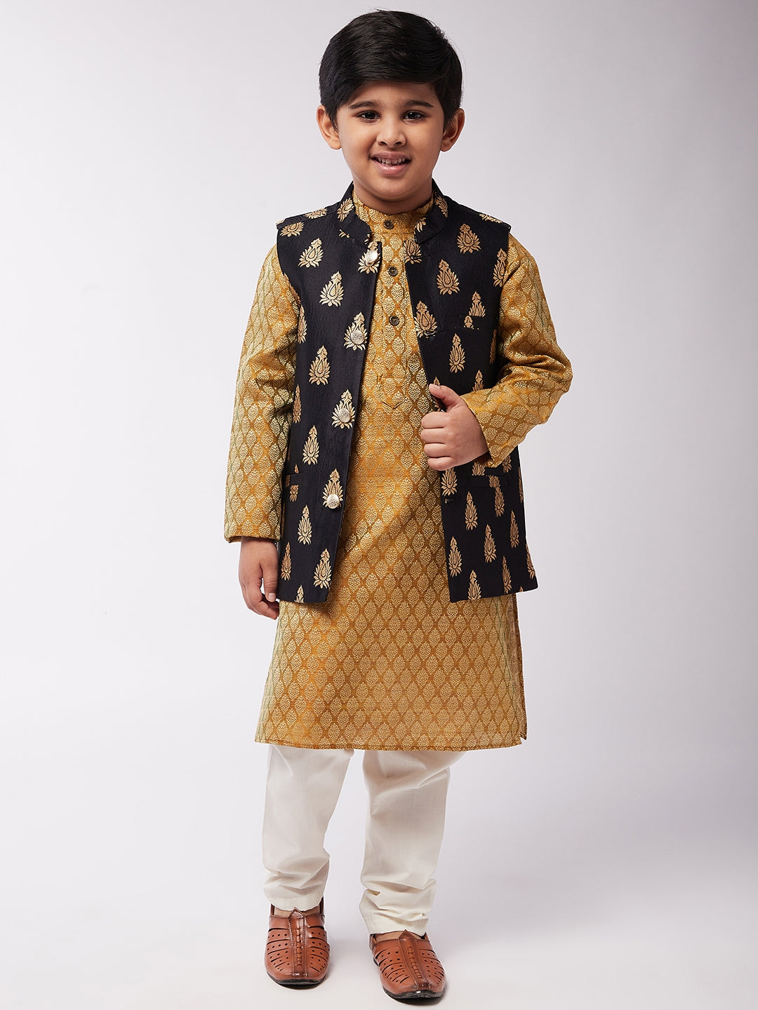 Kid's Jacquard Silk Mustard Kurta & Black Nehrujacket With Off-White Churidaar Pyjama Combo - Sojanya KID