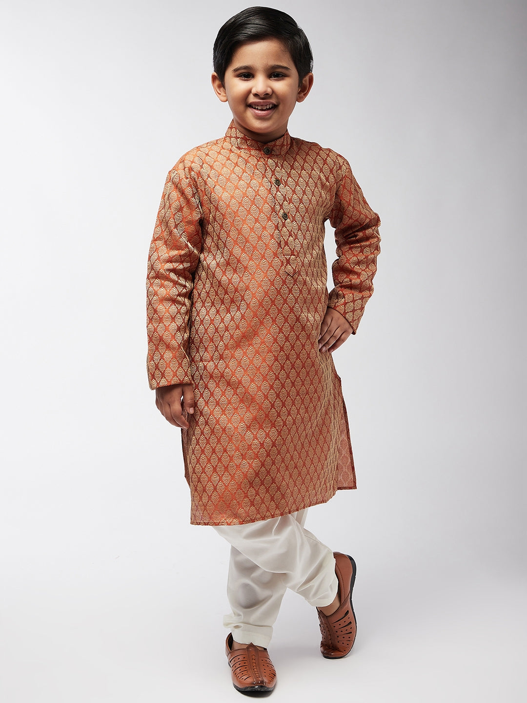 Kid's Jacquard Silk Orange Self design Kurta & Off-White Churidar Pyjama Set - Sojanya KID