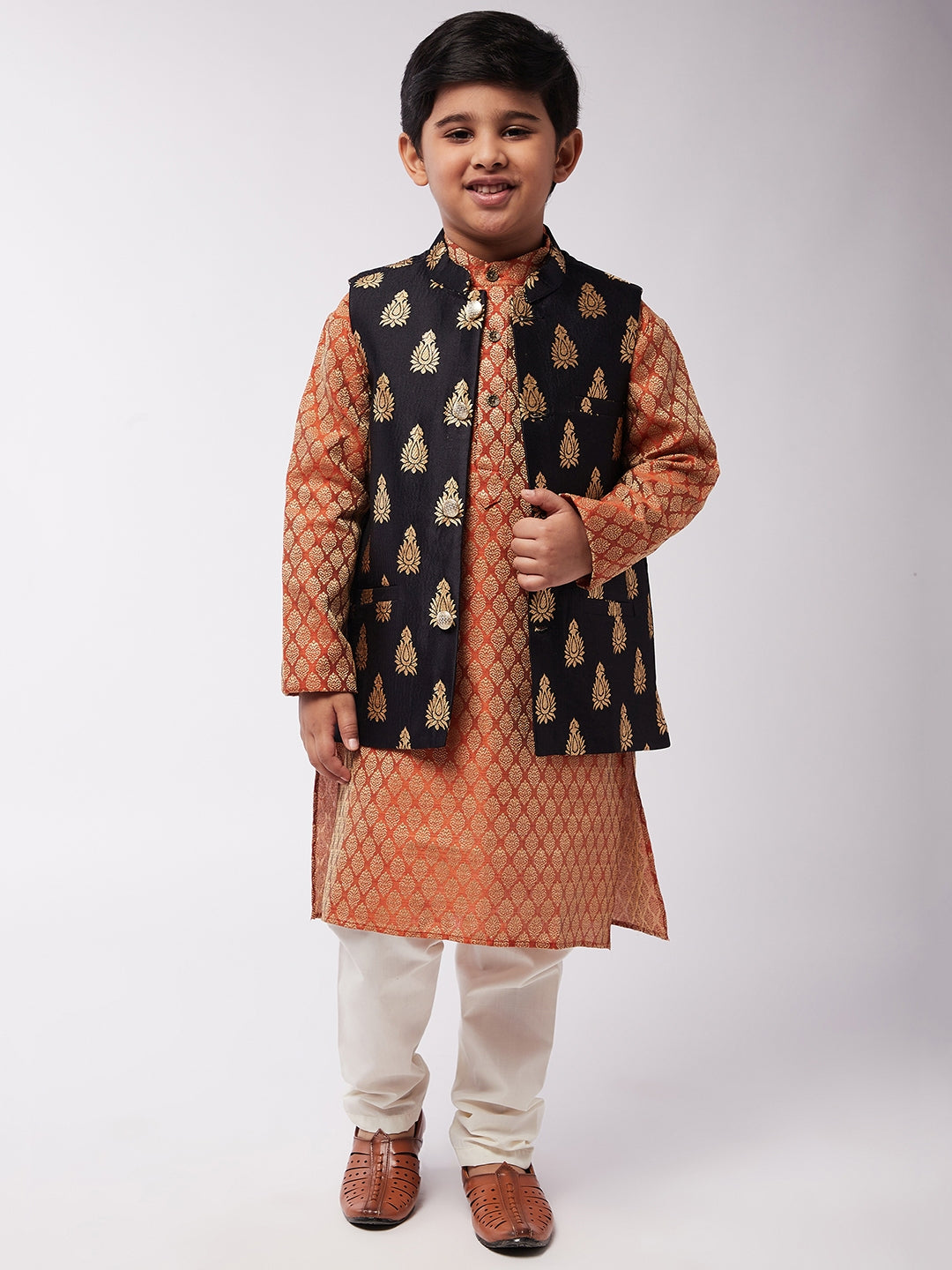 Kid's Jacquard Silk Orange Kurta & Black Nehrujacket With Off-White Churidaar Pyjama Combo - Sojanya KID