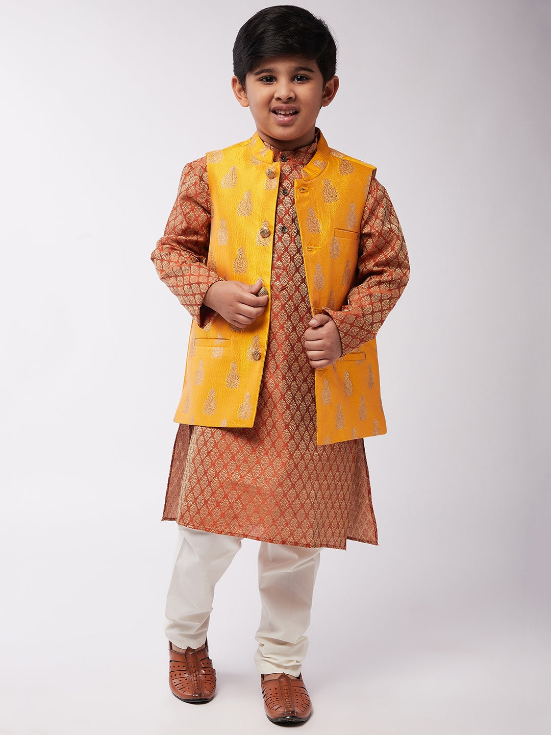 Kid's Jacquard Silk Orange Kurta & Mustard Nehrujacket With Off-White Churidaar Pyjama Combo - Sojanya KID