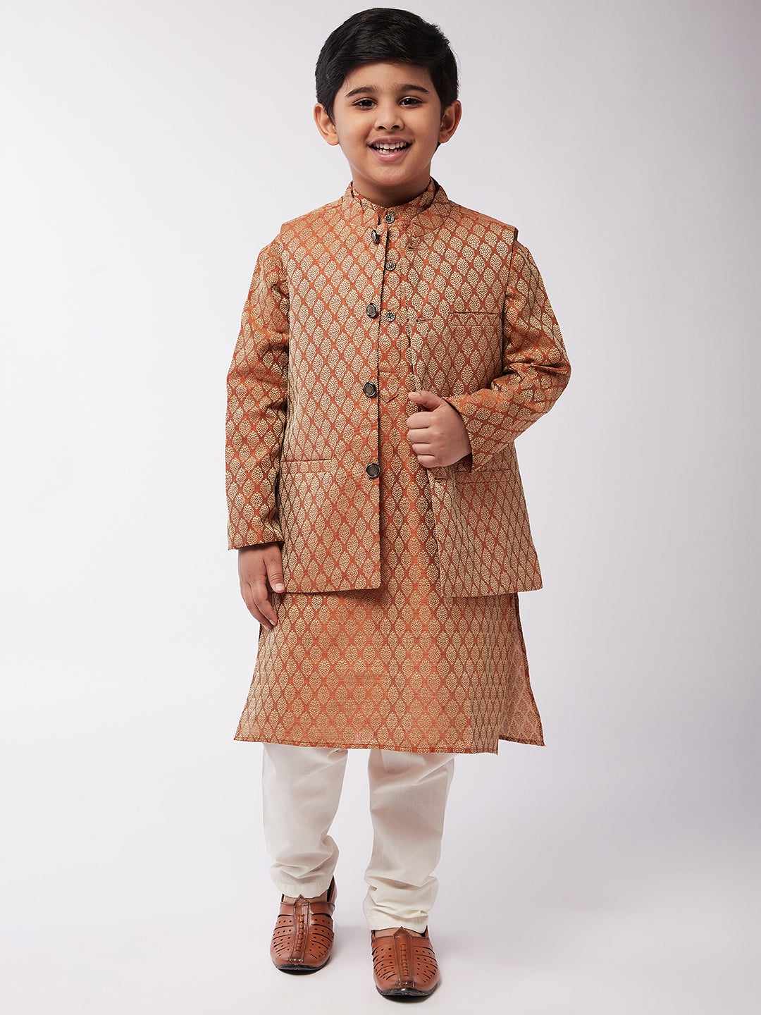 Kid's Jacquard Silk Orange Kurta & Orange Nehrujacket With Off-White Churidaar Pyjama Combo - Sojanya KID