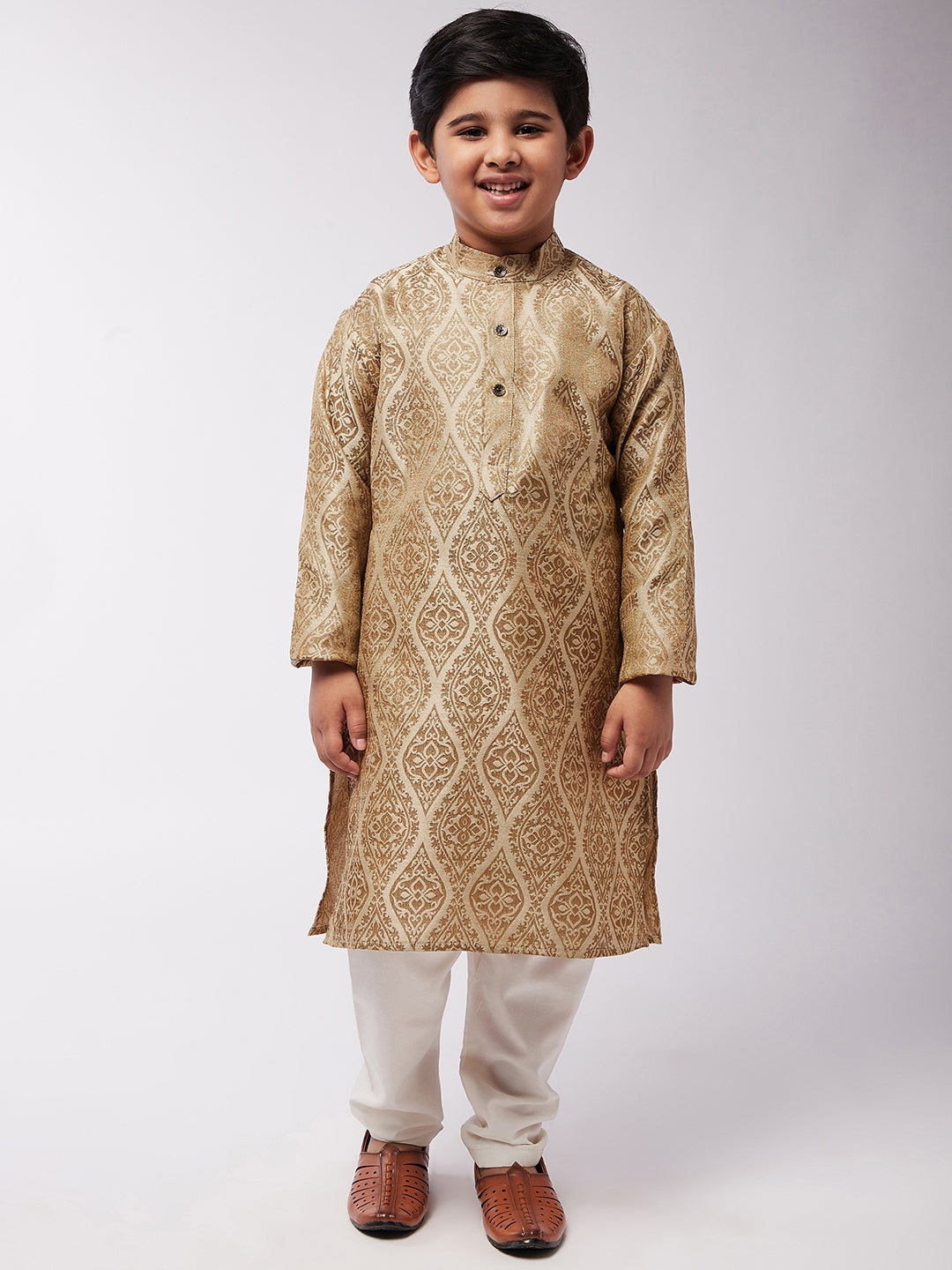 Kid's Jacquard Silk Beige & Gold Kurta & Off-White Churidar Pyjama Set - Sojanya KID