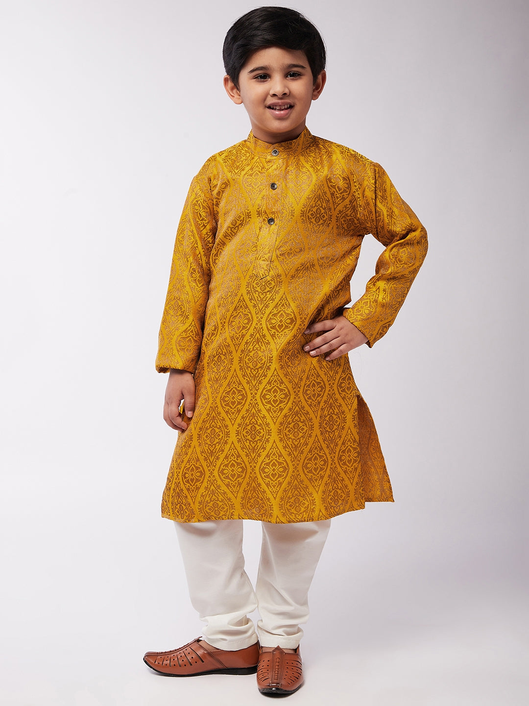 Kid's Jacquard Silk Mustard & Gold Kurta & Off-White Churidar Pyjama Set - Sojanya KID