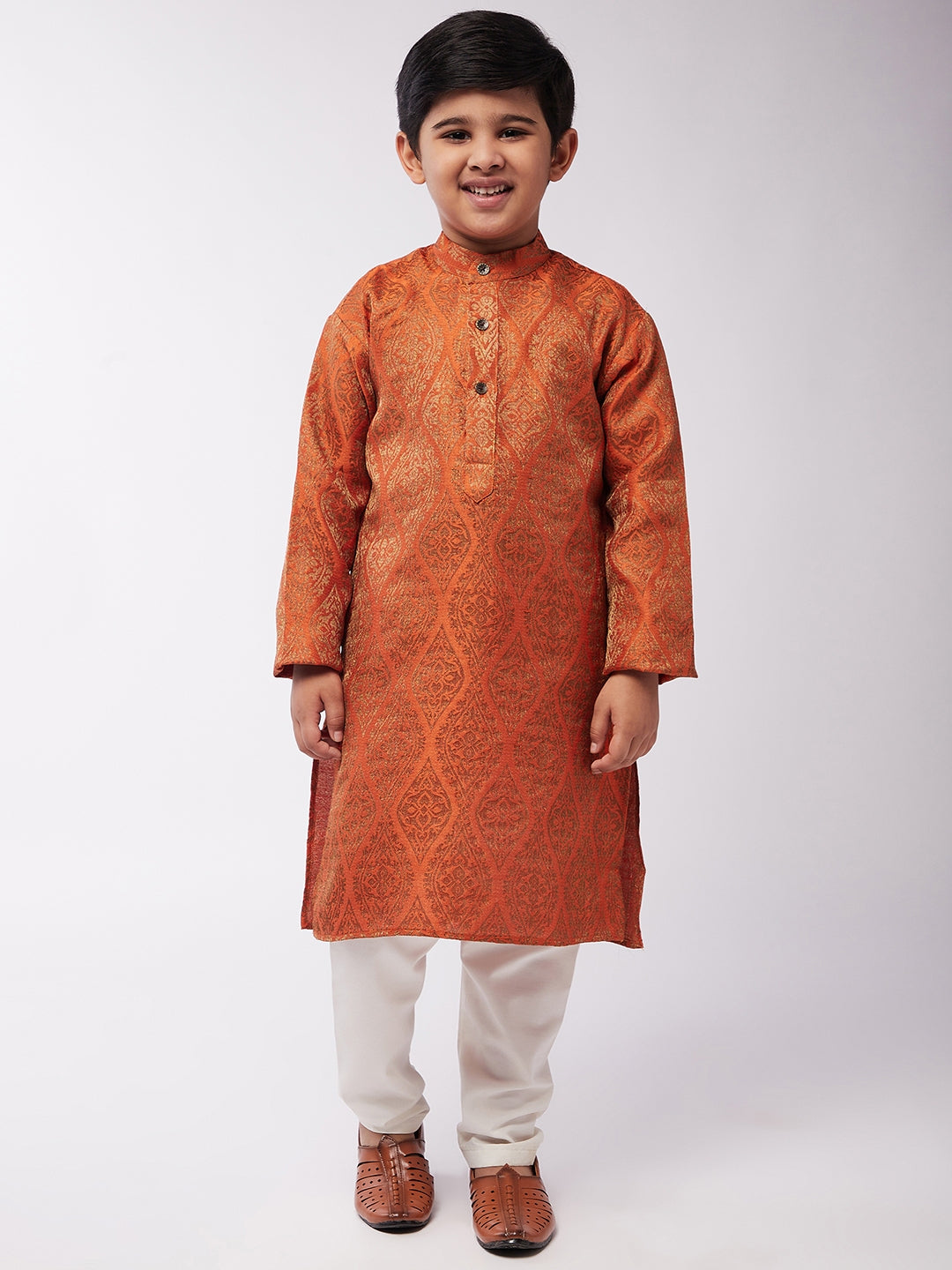 Kid's Jacquard Silk Orange & Gold Kurta & Off-White Churidar Pyjama Set - Sojanya KID