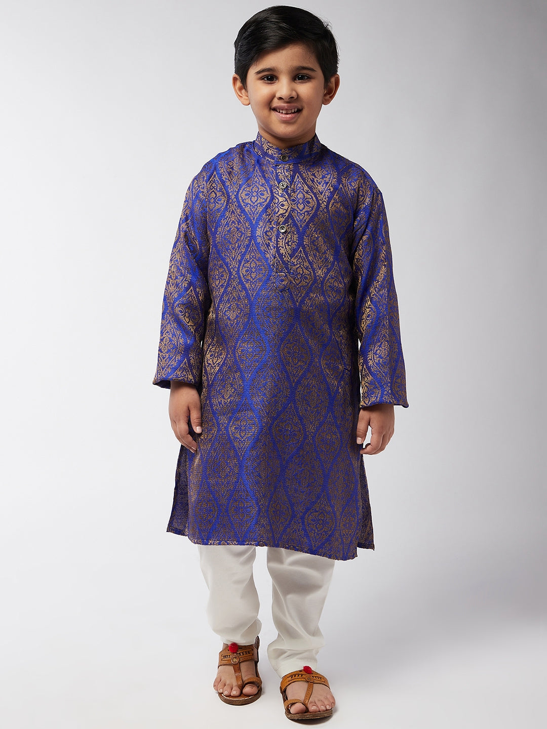 Kid's Jacquard Silk RBlue & Gold Kurta & Off-White Churidar Pyjama Set - Sojanya KID