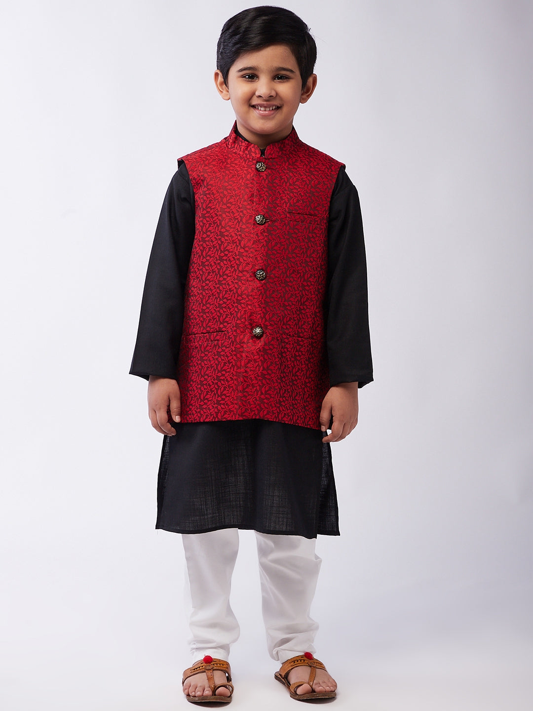 Kid's Cotton Silk Black Kurta & Red Nehrujacket With White Churidar Pyjama Set  - Sojanya KID