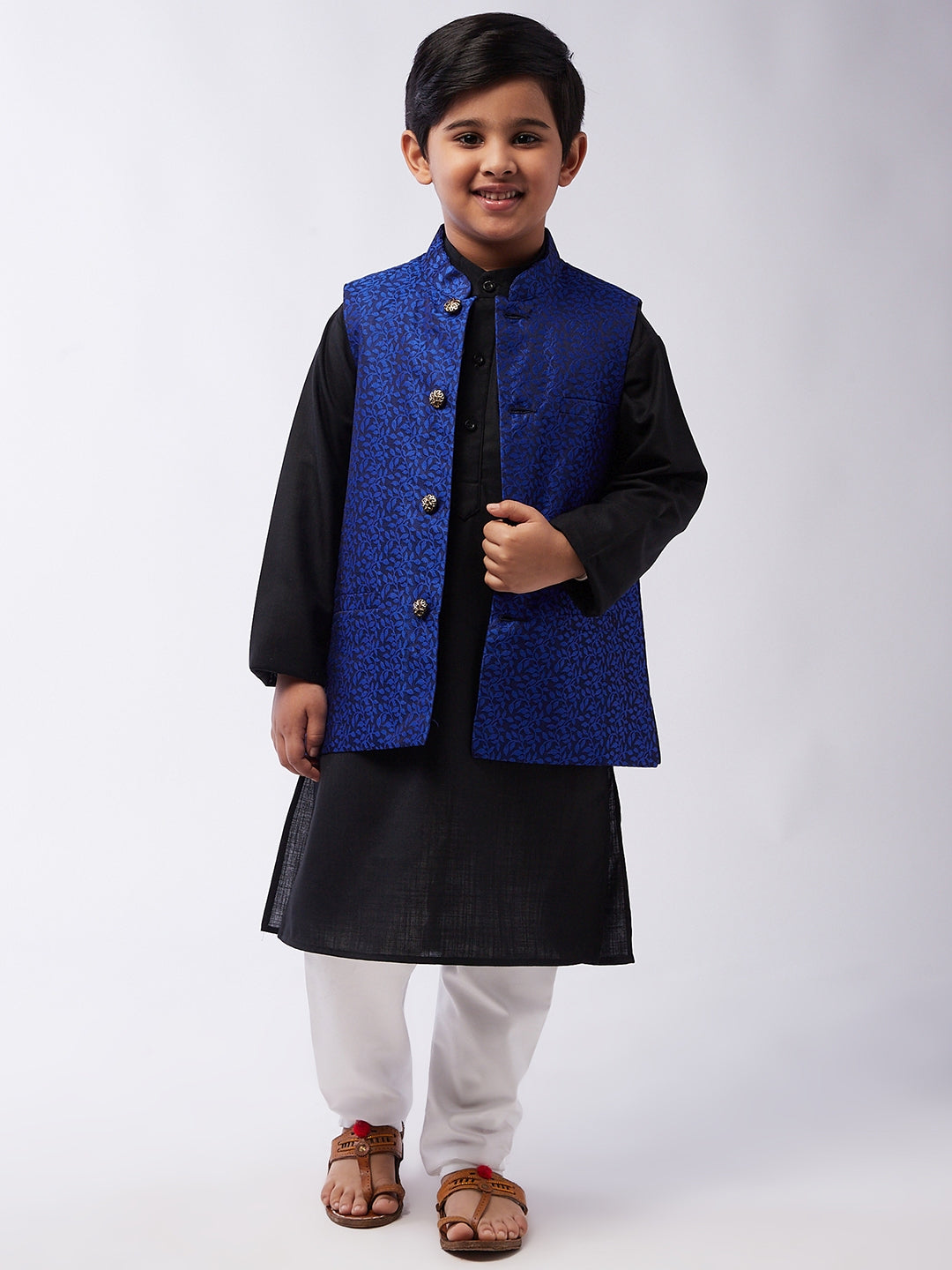 Kid's Cotton Silk Black Kurta & RBlue Nehrujacket With White Churidar Pyjama Set  - Sojanya KID