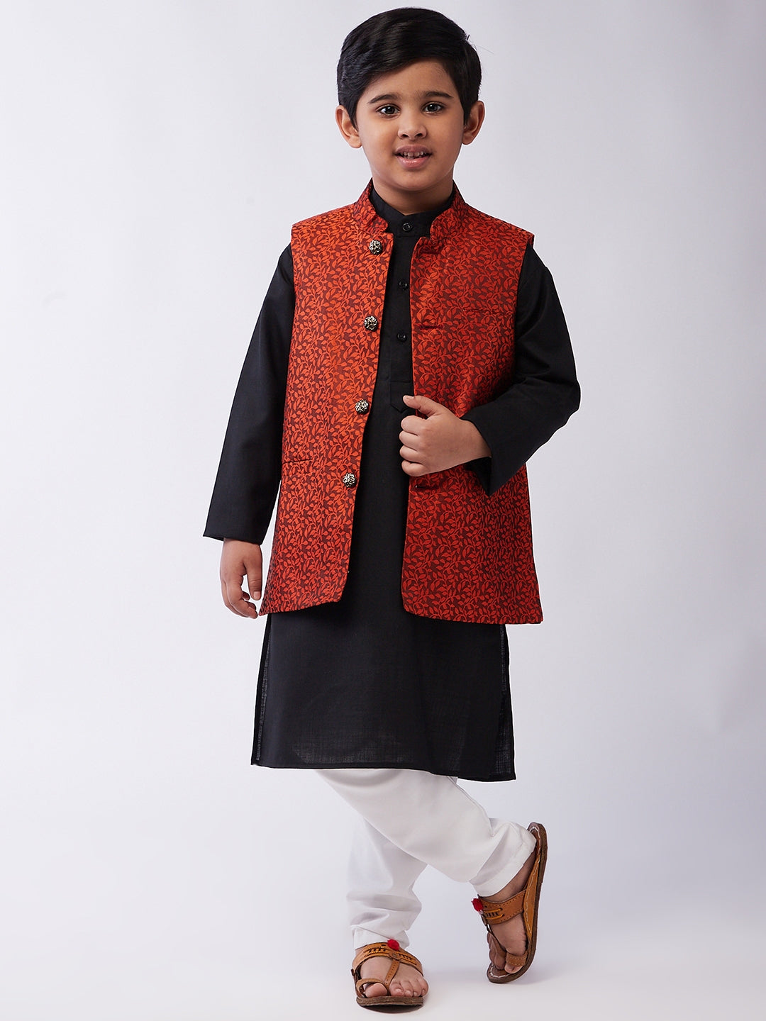 Kid's Cotton Silk Black Kurta & Orange Nehrujacket With White Churidar Pyjama Set  - Sojanya KID