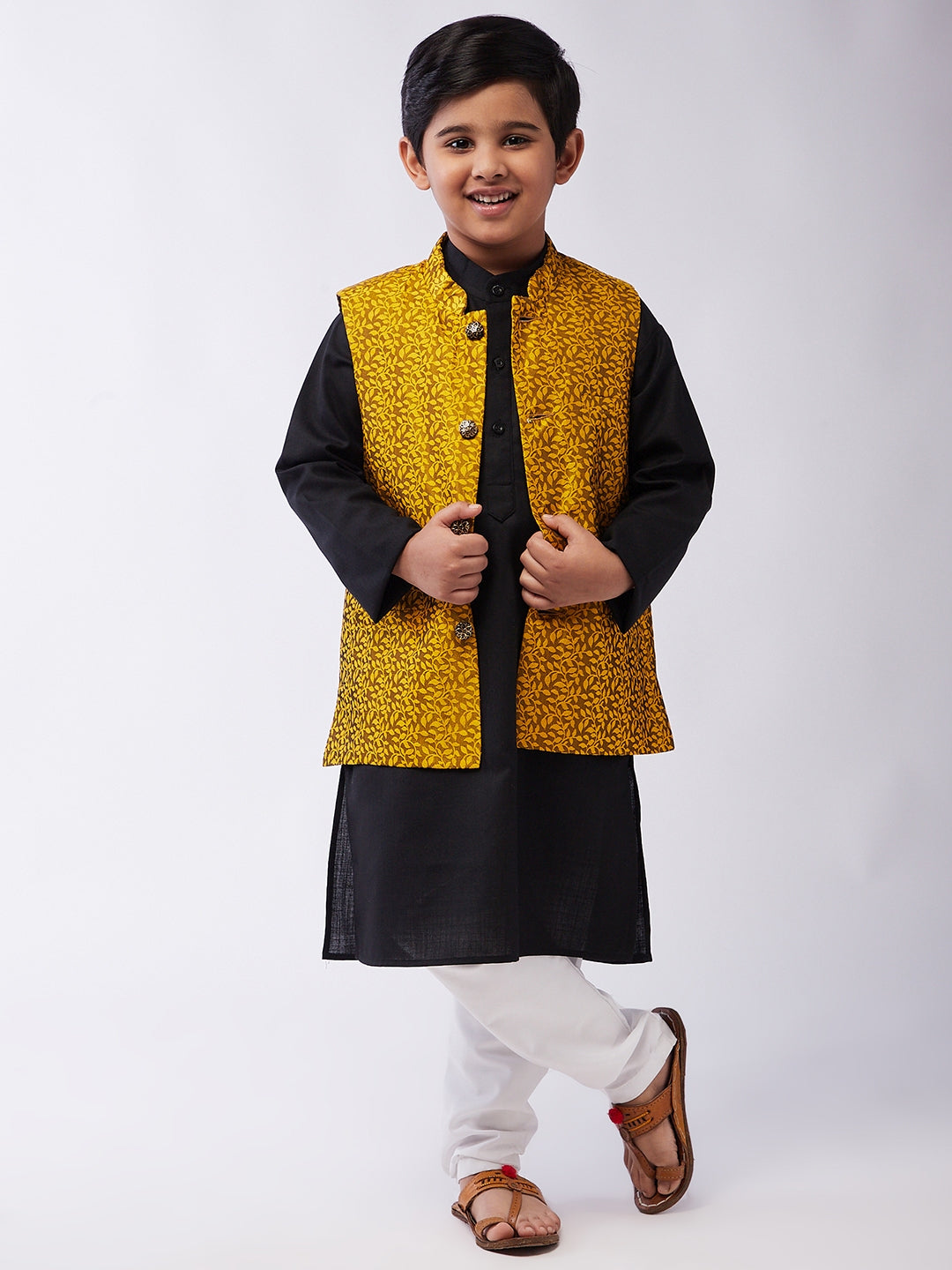 Kid's Cotton Silk Black Kurta & Mustard Nehrujacket With White Churidar Pyjama Set  - Sojanya KID