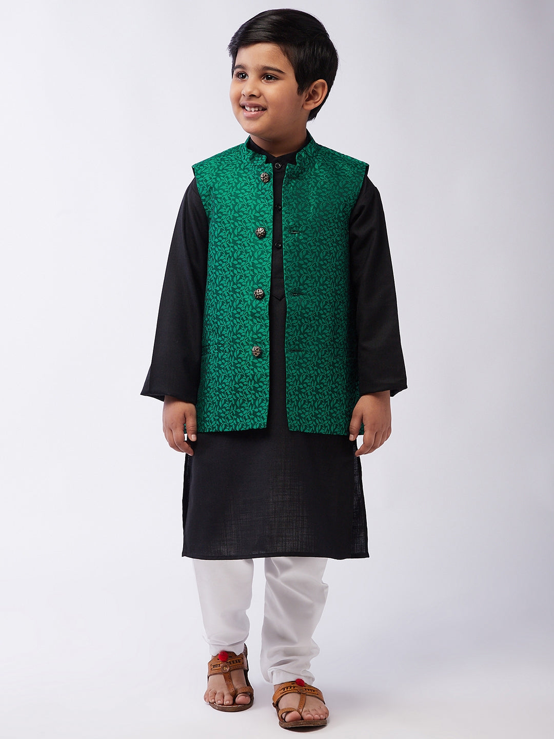 Kid's Cotton Silk Black Kurta & Dark Green Nehrujacket With White Churidar Pyjama Set - Sojanya KID