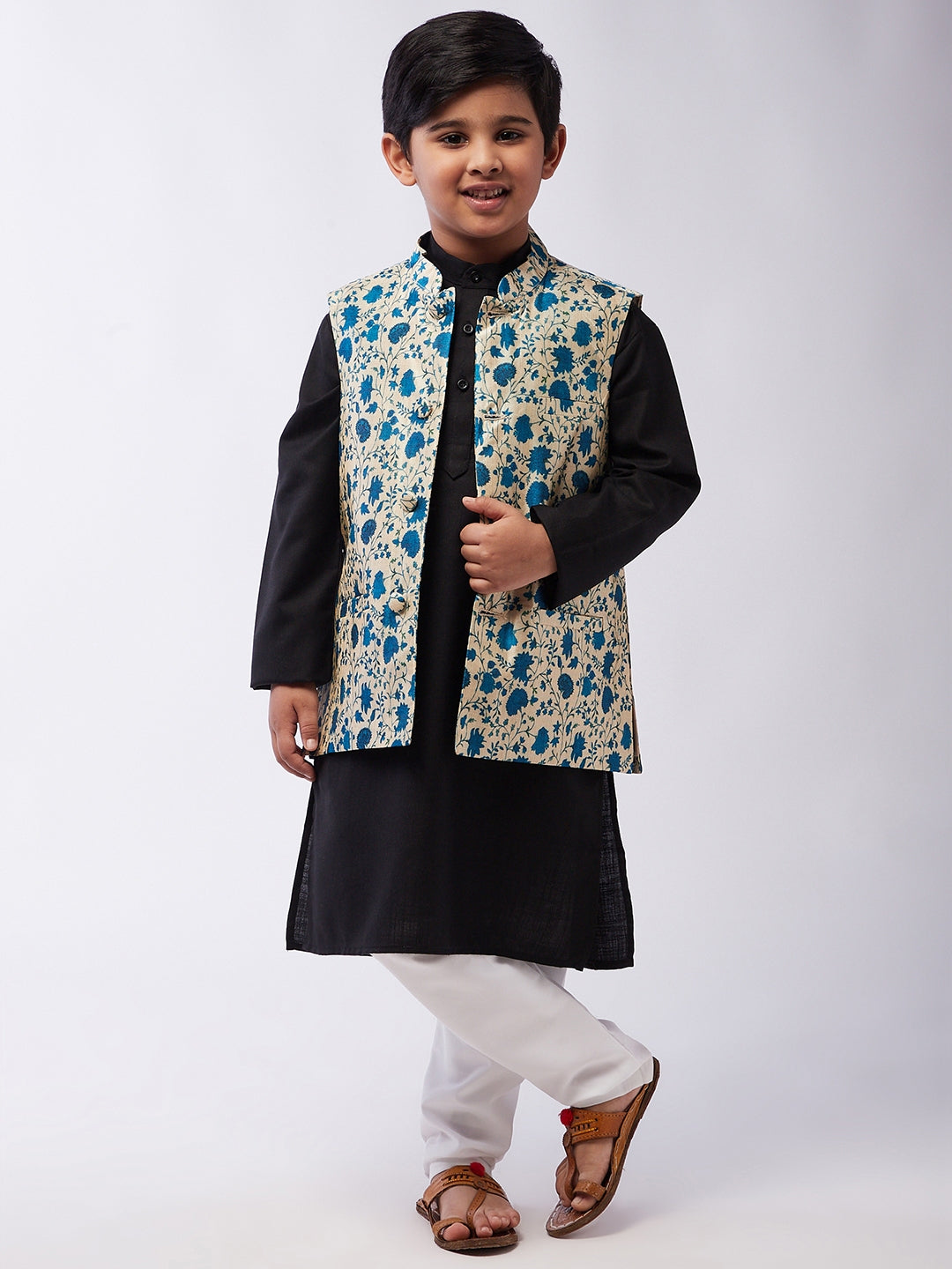 Kid's Cotton Silk Black Kurta & Blue Nehru Jacket With White Churidar Pyjama Set - Sojanya KID