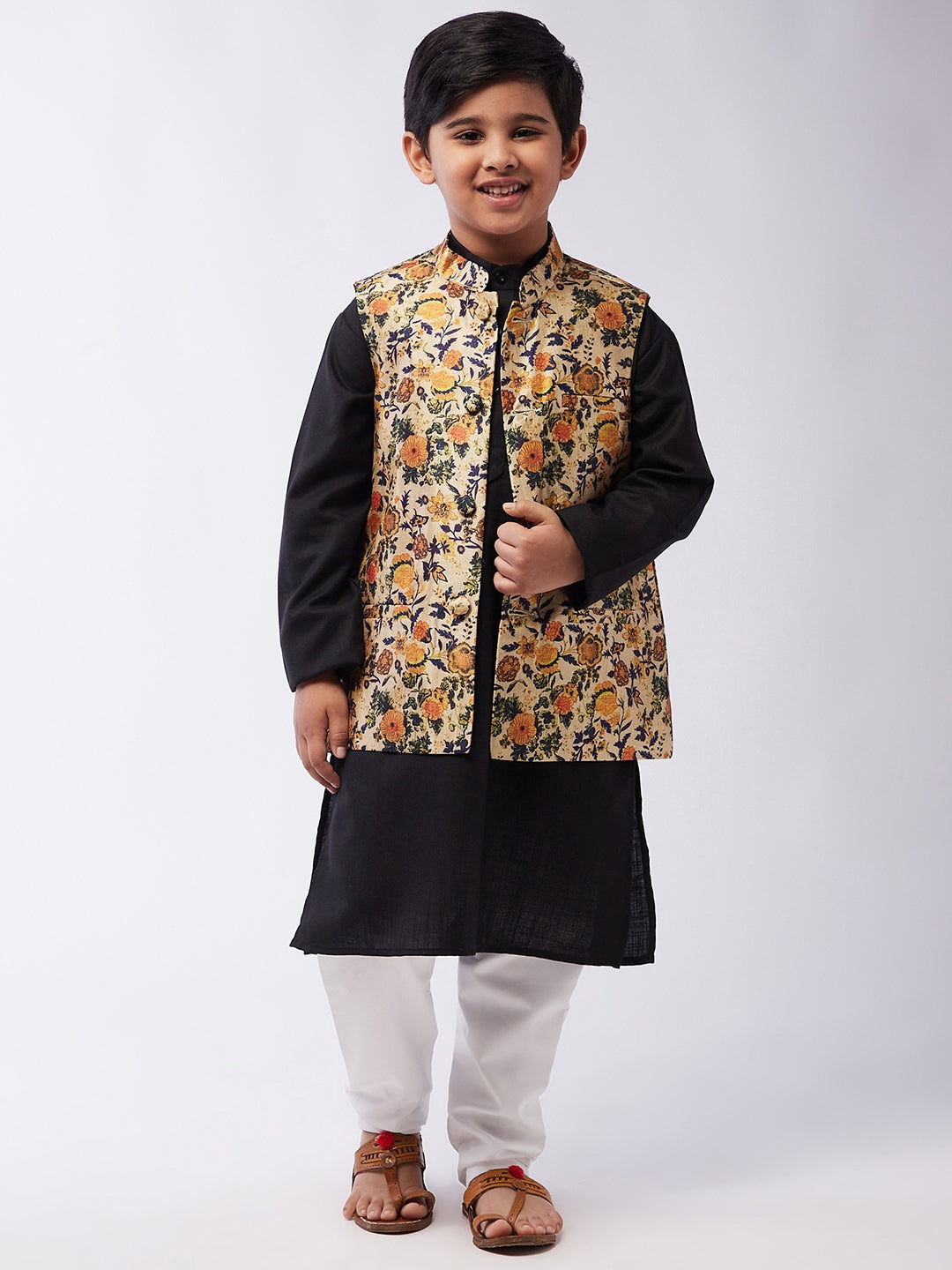 Kid's Cotton Silk Black Kurta & LimeGreen Nehru Jacket With White Churidar Pyjama Set - Sojanya KID