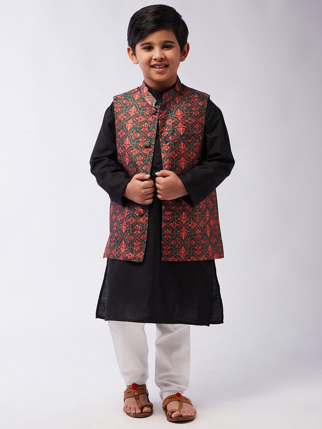 Kid's Cotton Silk Black Kurta & Multi Nehru Jacket With White Churidar Pyjama Set  - Sojanya KID