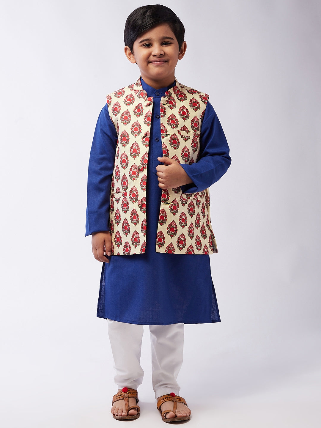 Kid's Cotton Silk RBlue Kurta & Red Nehru Jacket With White Churidar Pyjama Set - Sojanya KID