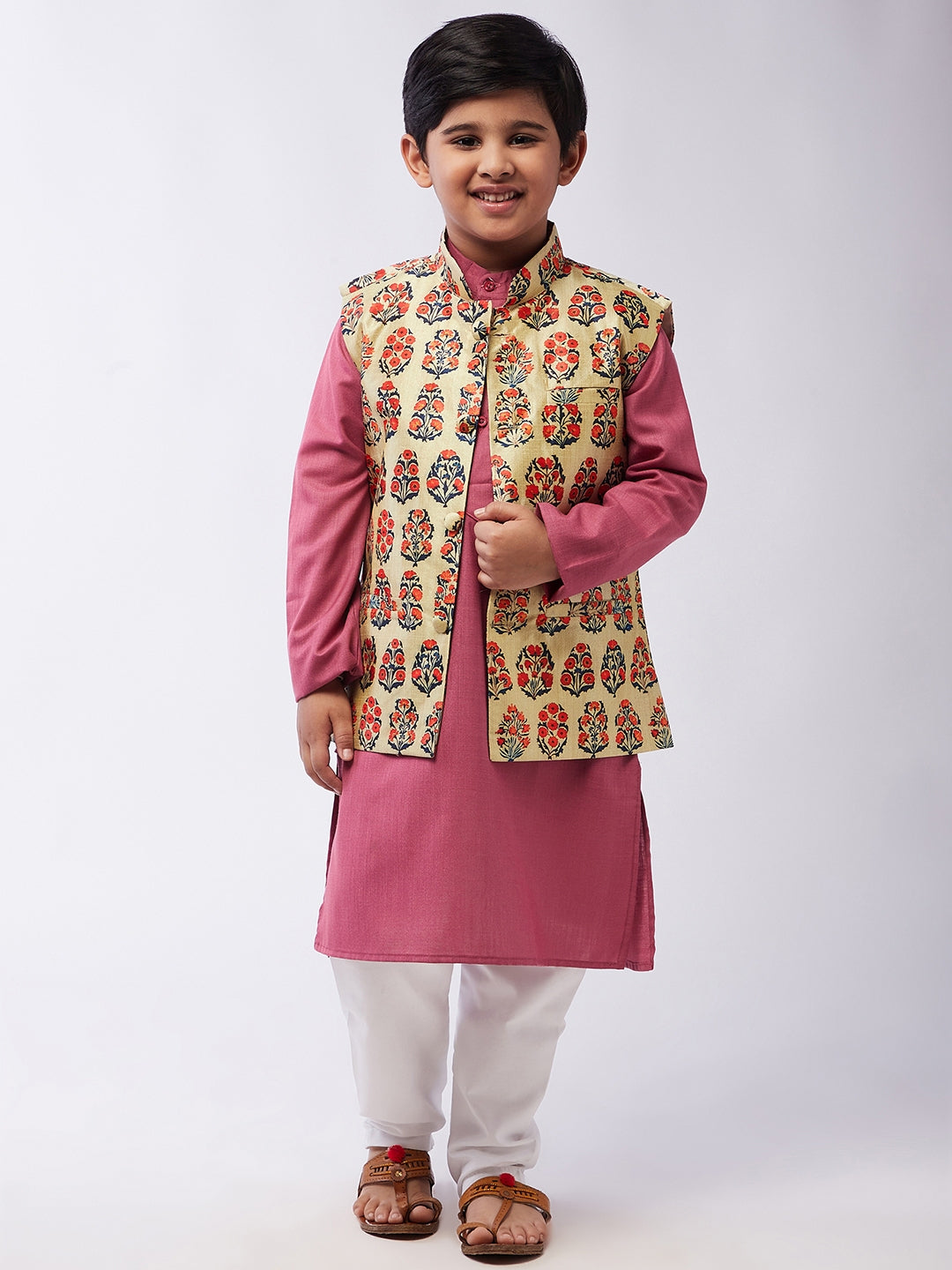 Kid's Cotton Silk Dark Coral Kurta & Red Nehru Jacket With White Churidar Pyjama Set  - Sojanya KID