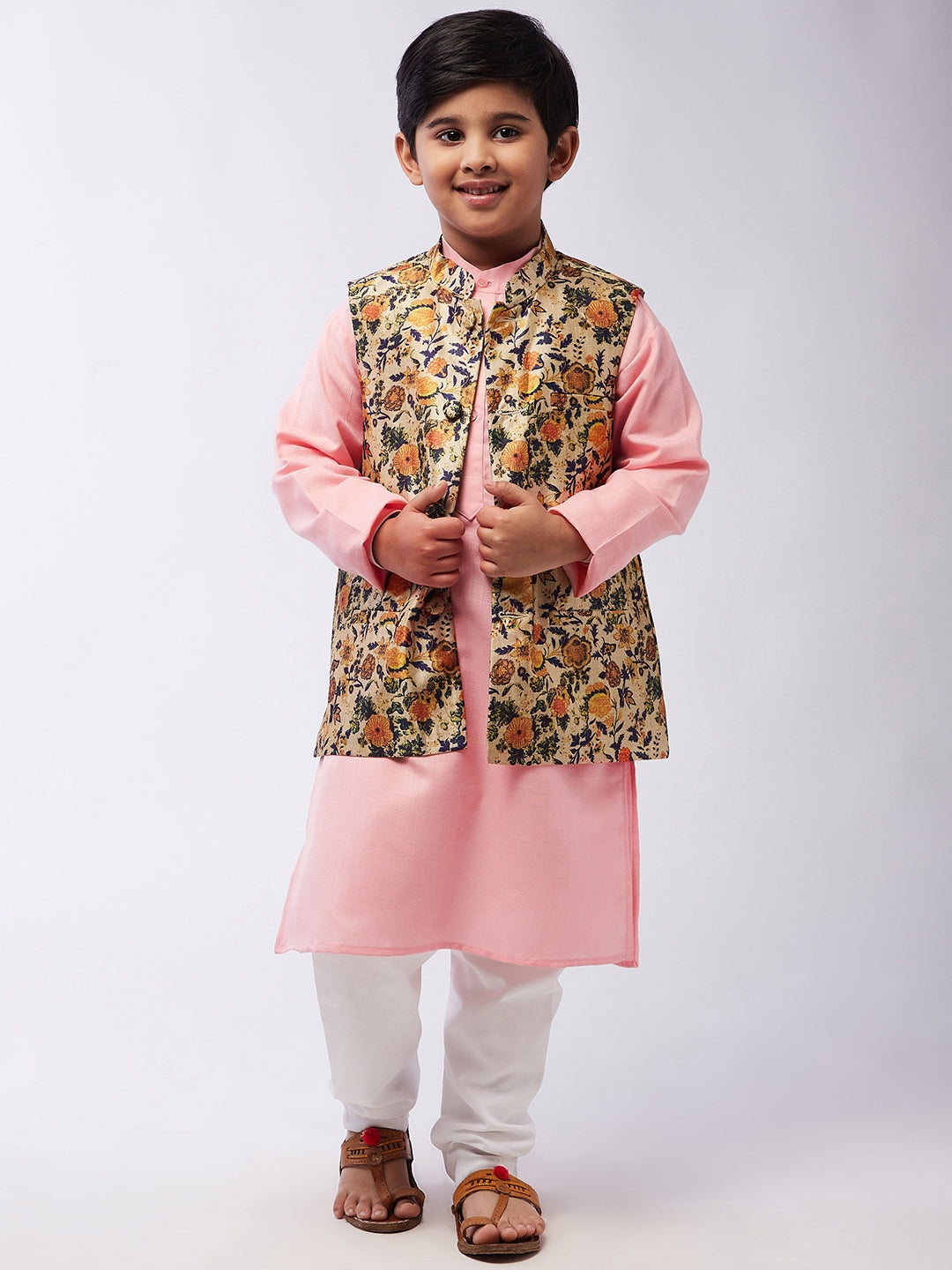 Kid's Cotton Silk Pink Kurta & LimeGreen Nehru Jacket With White Churidar Pyjama Set - Sojanya KID