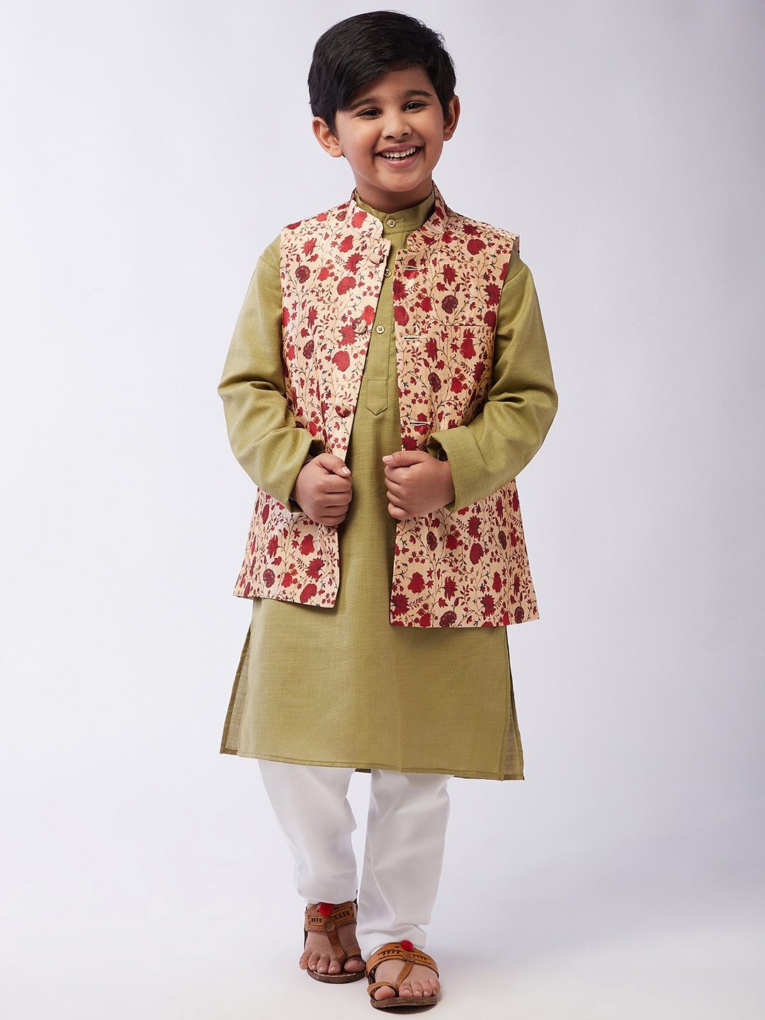 Kid's Cotton Silk Pista Green Kurta & Red Nehru Jacket With White Churidar Pyjama Set - Sojanya KID