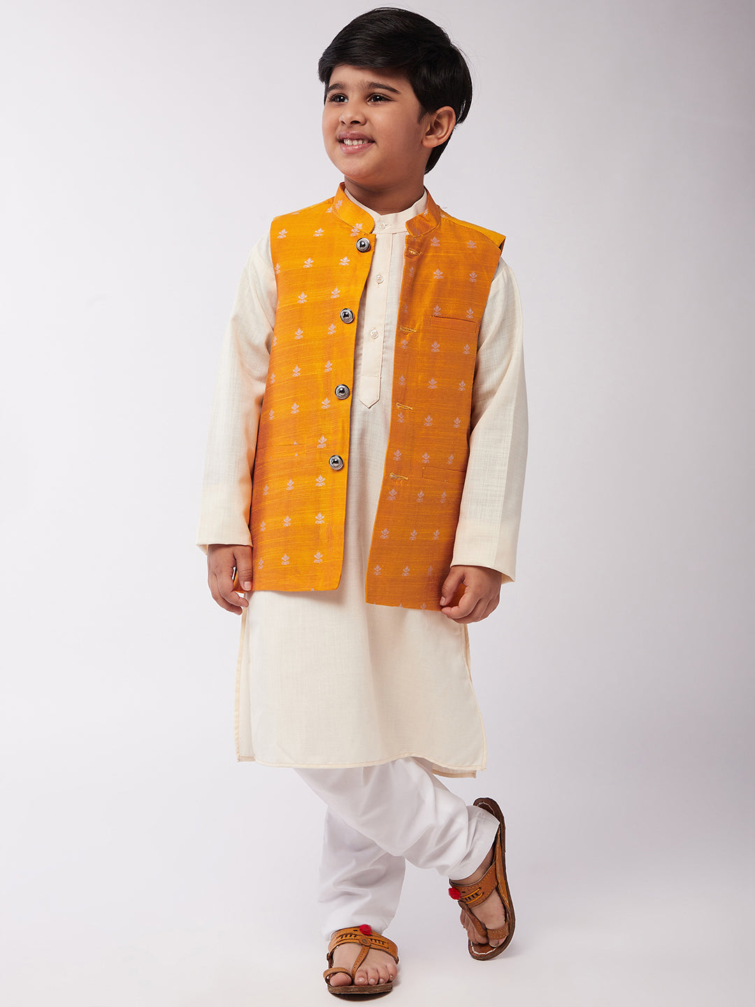 Kid's Cotton Silk Off-White Kurta & Orange Nehru Jacket With White Churidar Pyjama Set - Sojanya KID