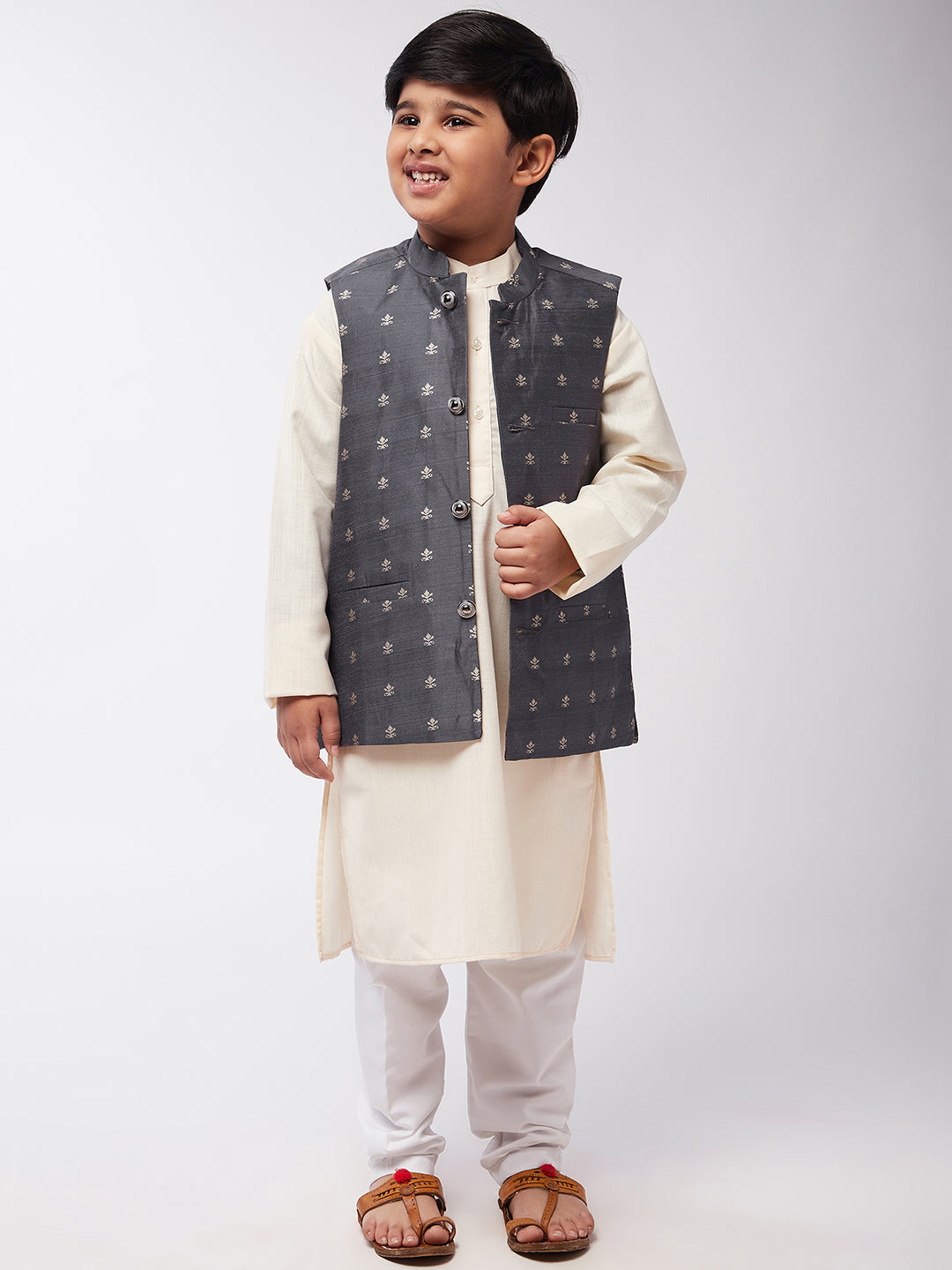 Kid's Cotton Silk Off-White Kurta & Grey Nehru Jacket With White Churidar Pyjama Set - Sojanya KID