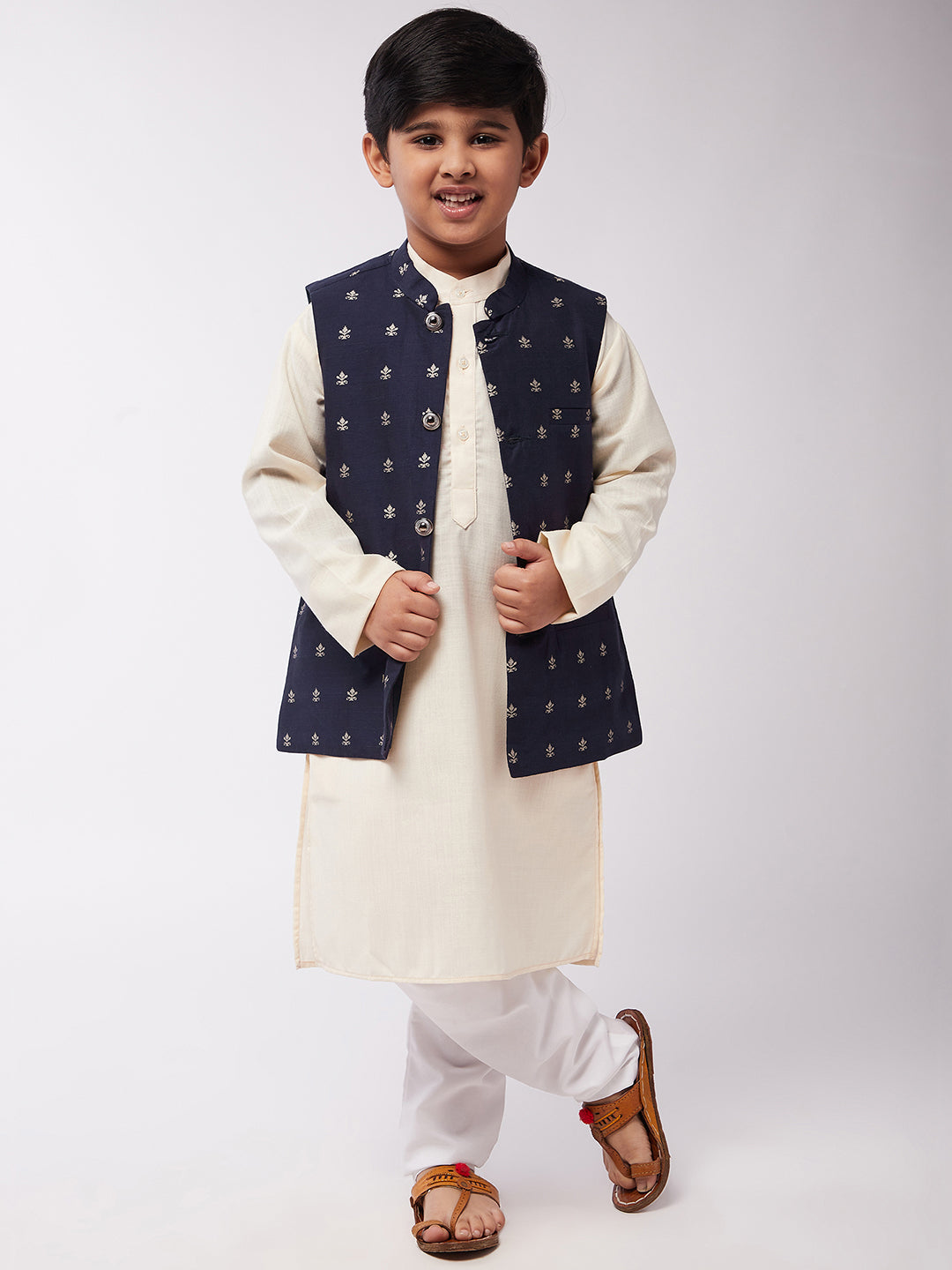 Kid's Cotton Silk Off-White Kurta & Navy Blue Nehru Jacket With White Churidar Pyjama Set  - Sojanya KID