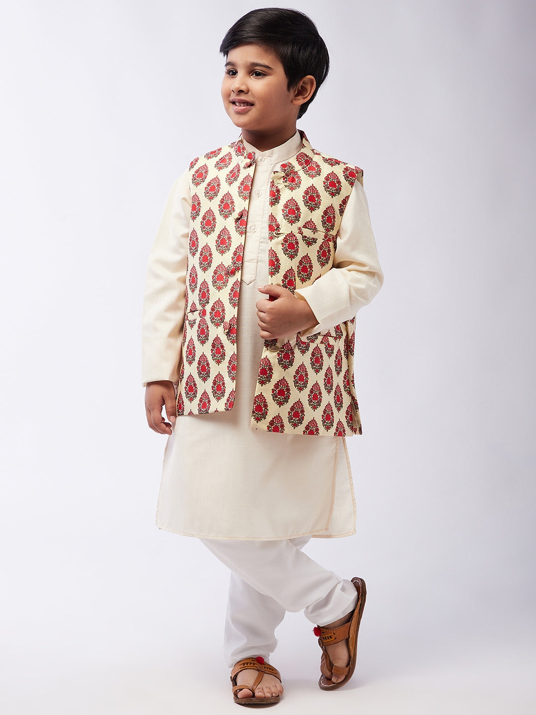 Kid's Cotton Silk Off-White Kurta & Red Nehru Jacket With White Churidar Pyjama Set  - Sojanya KID