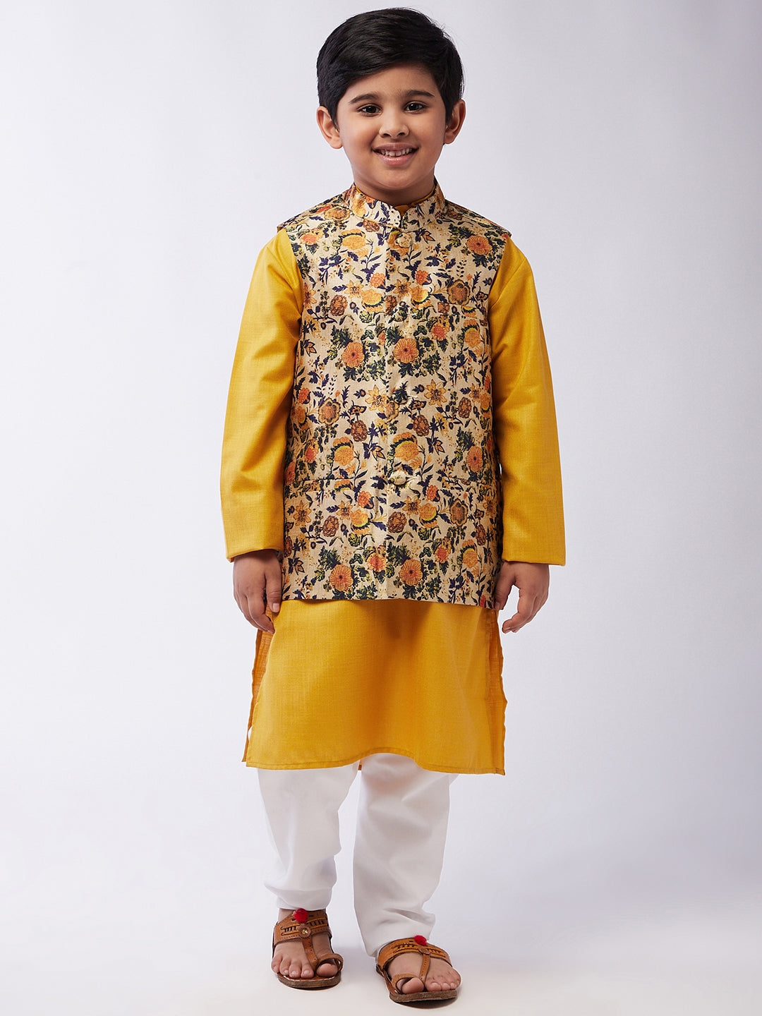 Kid's Cotton Silk Mustard Kurta & LimeGreen Nehru Jacket With White Churidar Pyjama Set  - Sojanya KID