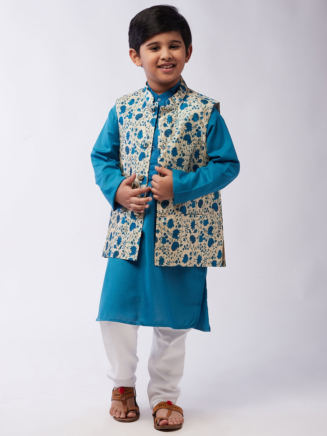 Kid's Cotton Silk Peacock Blue Kurta & Blue Nehru Jacket With White Churidar Pyjama Set  - Sojanya KID