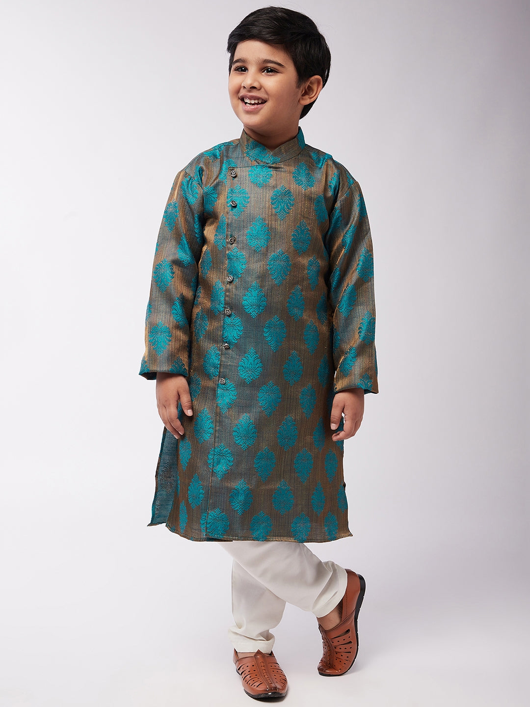 Kid's Jacquard Silk Teal Blue Self Design Kurta & Off-White Churidar Pyjama Set - Sojanya KID