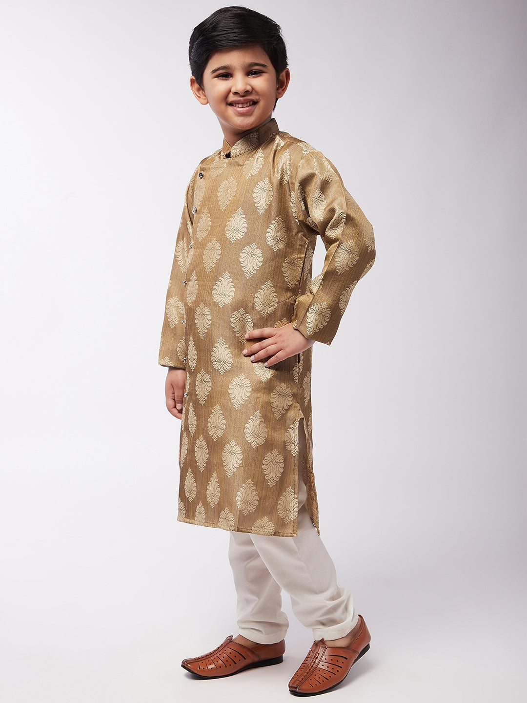 Kid's Jacquard Silk Gold Self Design Kurta & Off-White Churidar Pyjama Set - Sojanya KID