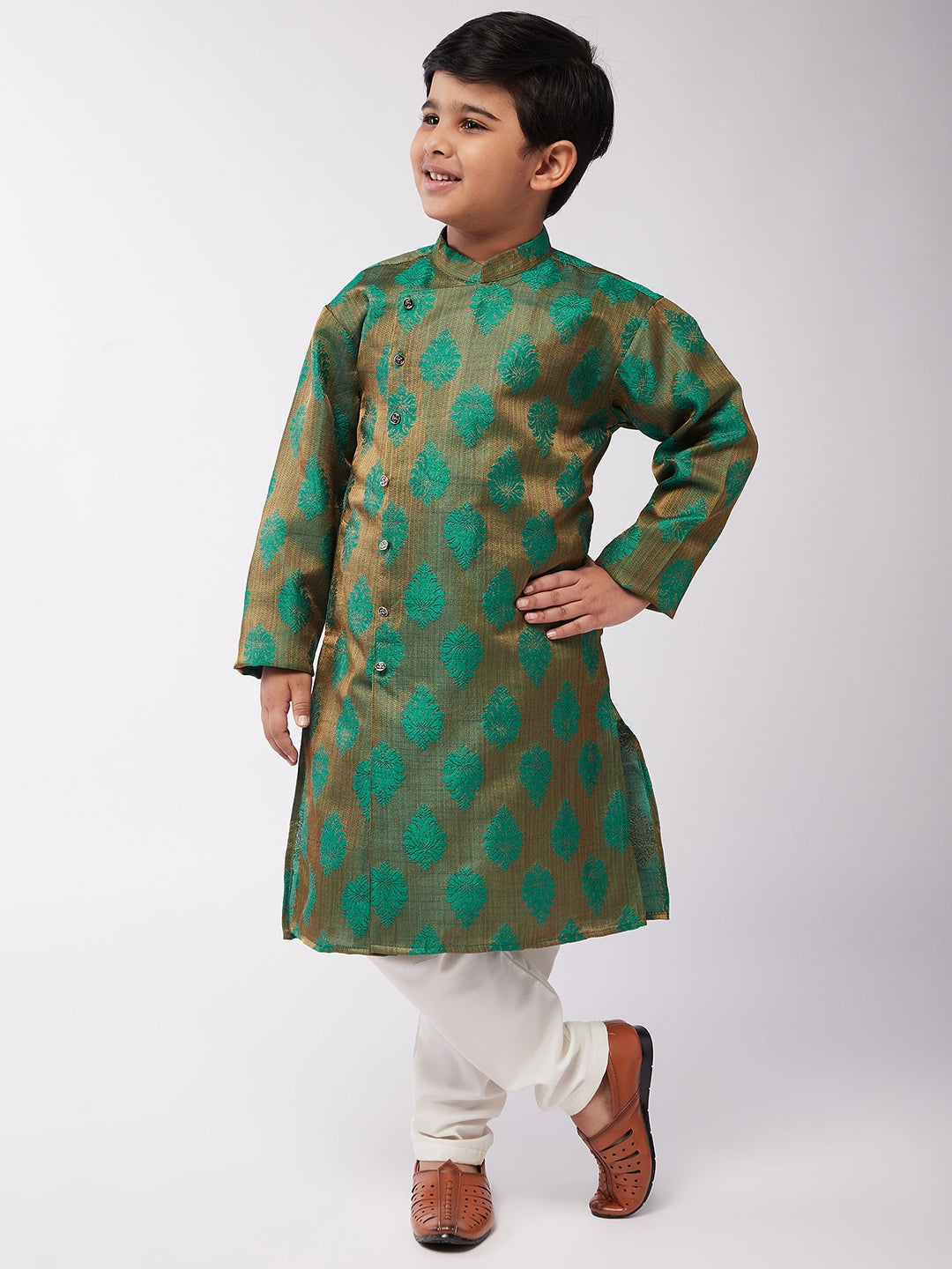 Kid's Jacquard Silk Dark Green Self Design Kurta & Off-White Churidar Pyjama Set - Sojanya KID