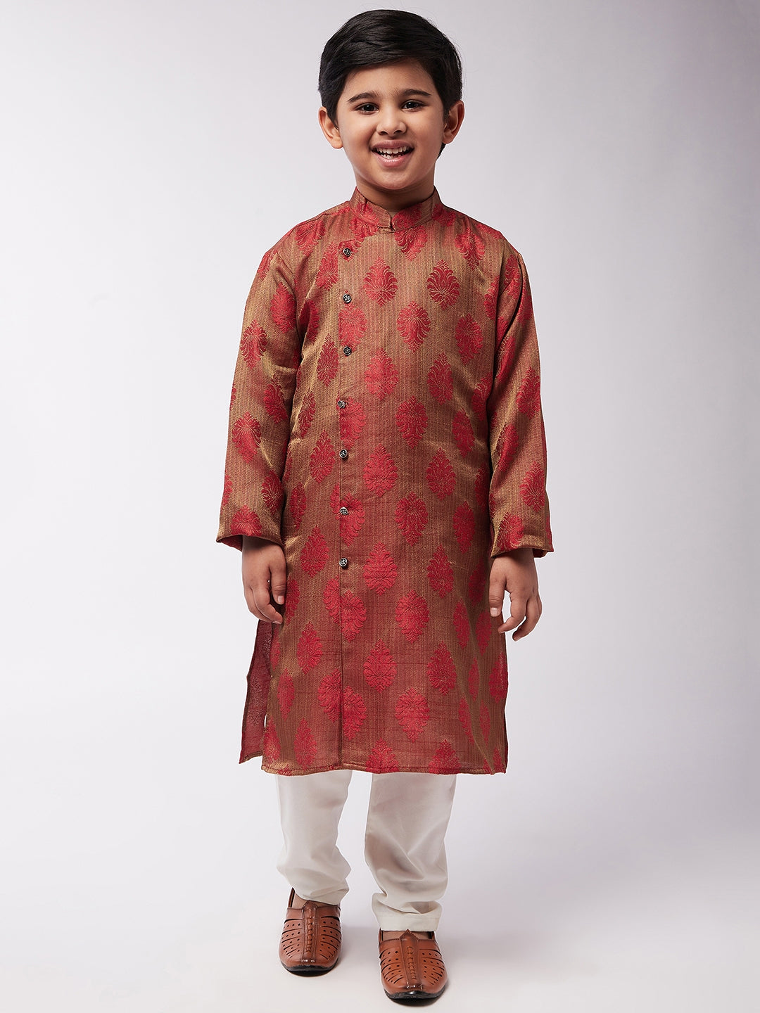 Kid's Jacquard Silk Red Self Design Kurta & Off-White Churidar Pyjama Set - Sojanya KID