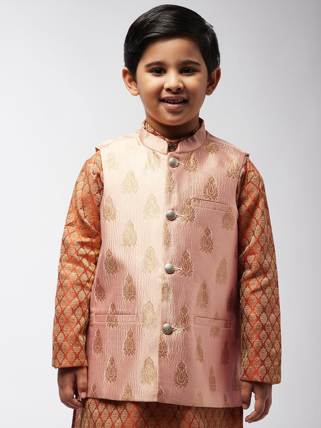 Kid's Jacquard Silk Peach & Gold Self Design ONLY Nehru Jacket - Sojanya KID