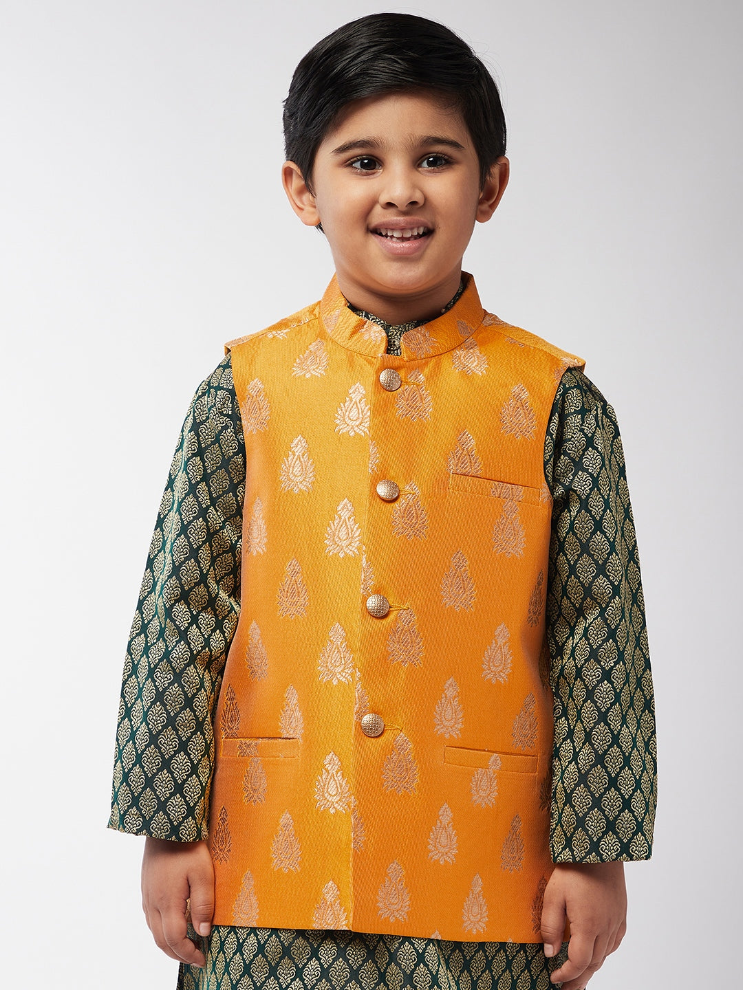 Kid's Jacquard Silk Mustard & Gold Self Design ONLY Nehru Jacket - Sojanya KID