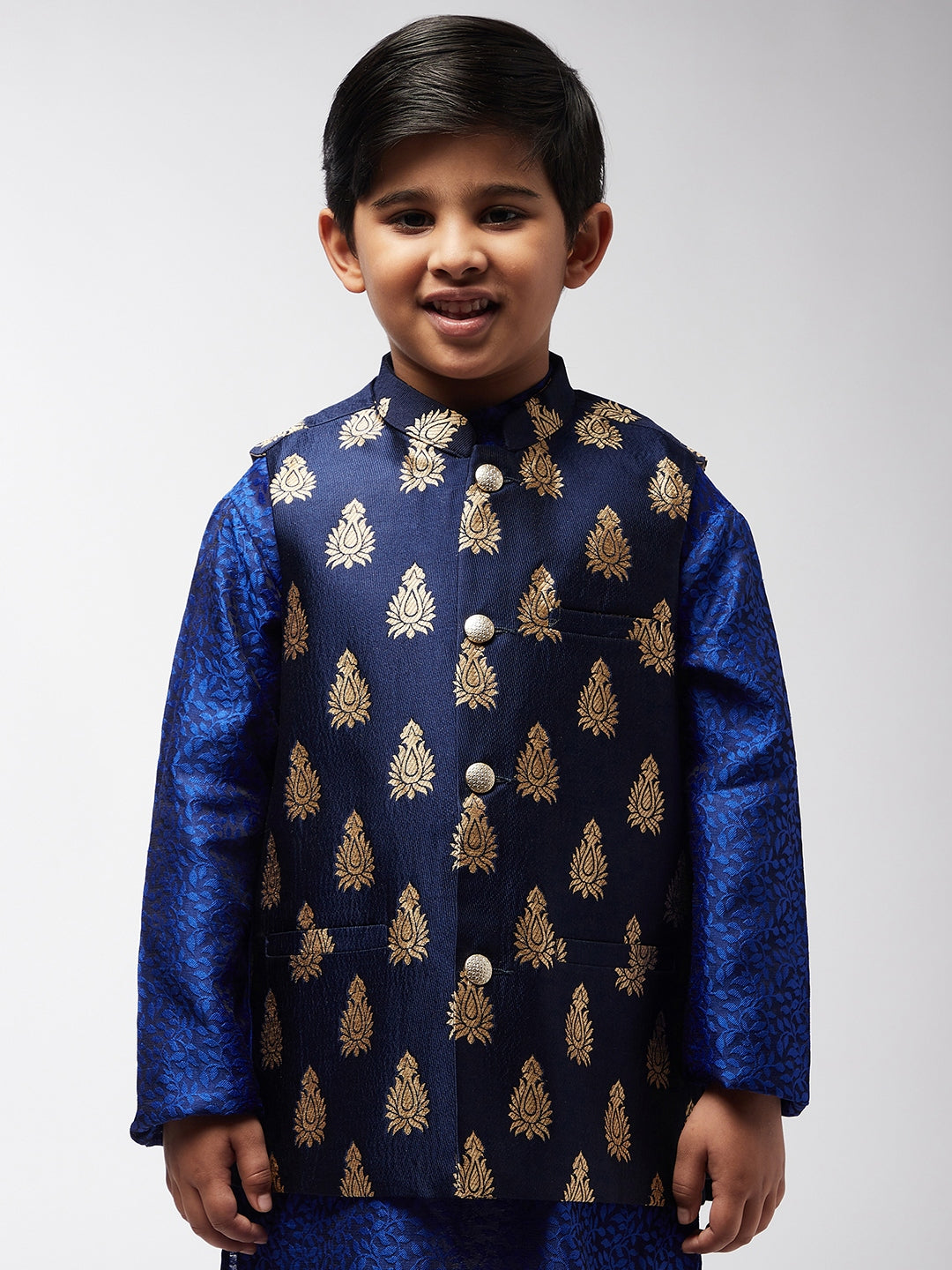 Kid's Jacquard Silk Navy Blue & Gold Self Design ONLY Nehru Jacket - Sojanya KID