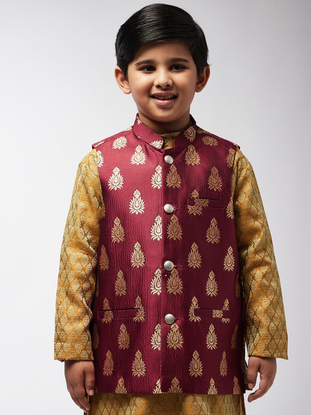 Kid's Jacquard Silk Maroon & Gold Self Design ONLY Nehru Jacket - Sojanya KID