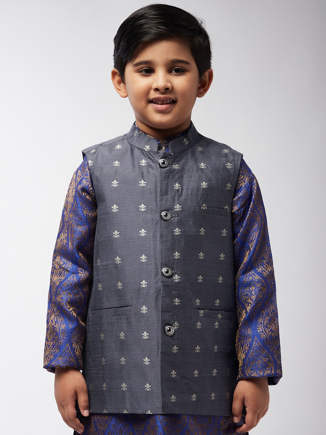 Kid's Cotton Blend Grey Self Design ONLY Nehru Jacket - Sojanya KID