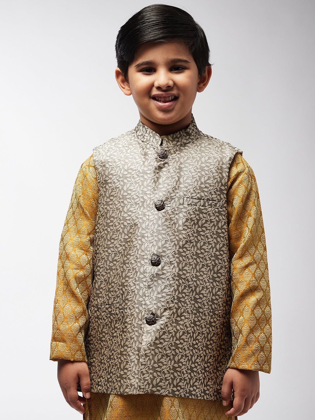 Kid's Jacquard Silk Beige Self design ONLY Nehrujacket - Sojanya KID