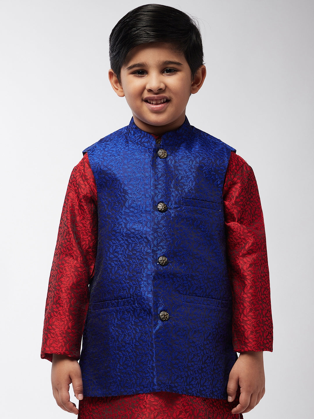 Kid's Jacquard Silk Royal Blue Self design ONLY Nehrujacket - Sojanya KID