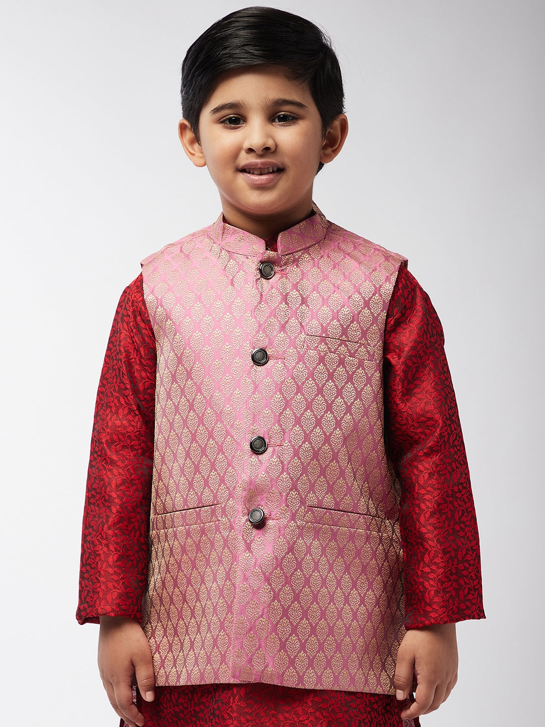 Kid's Jacquard Silk Pink Self design ONLY Nehrujacket - Sojanya KID