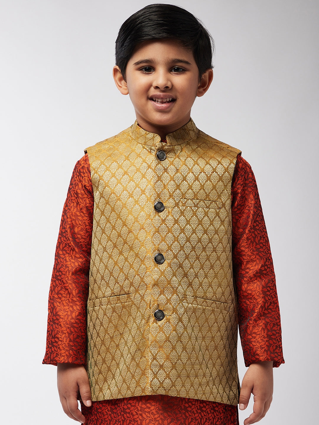 Kid's Jacquard Silk Mustard Self design ONLY Nehrujacket - Sojanya KID