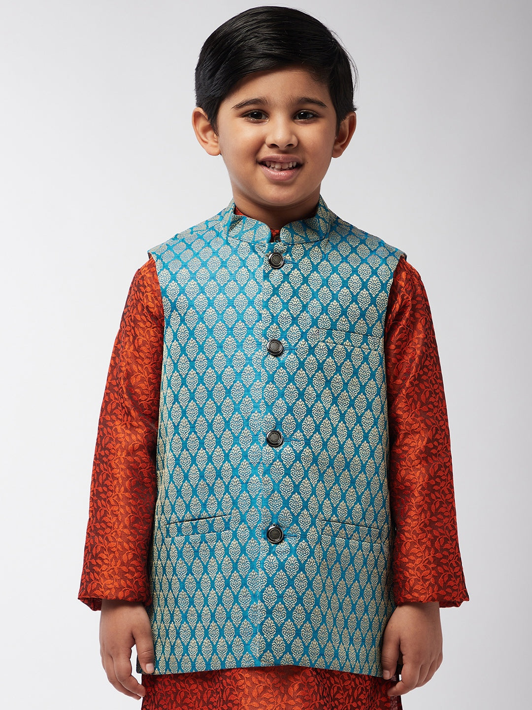 Kid's Jacquard Silk Peacock Blue Self design ONLY Nehrujacket - Sojanya KID